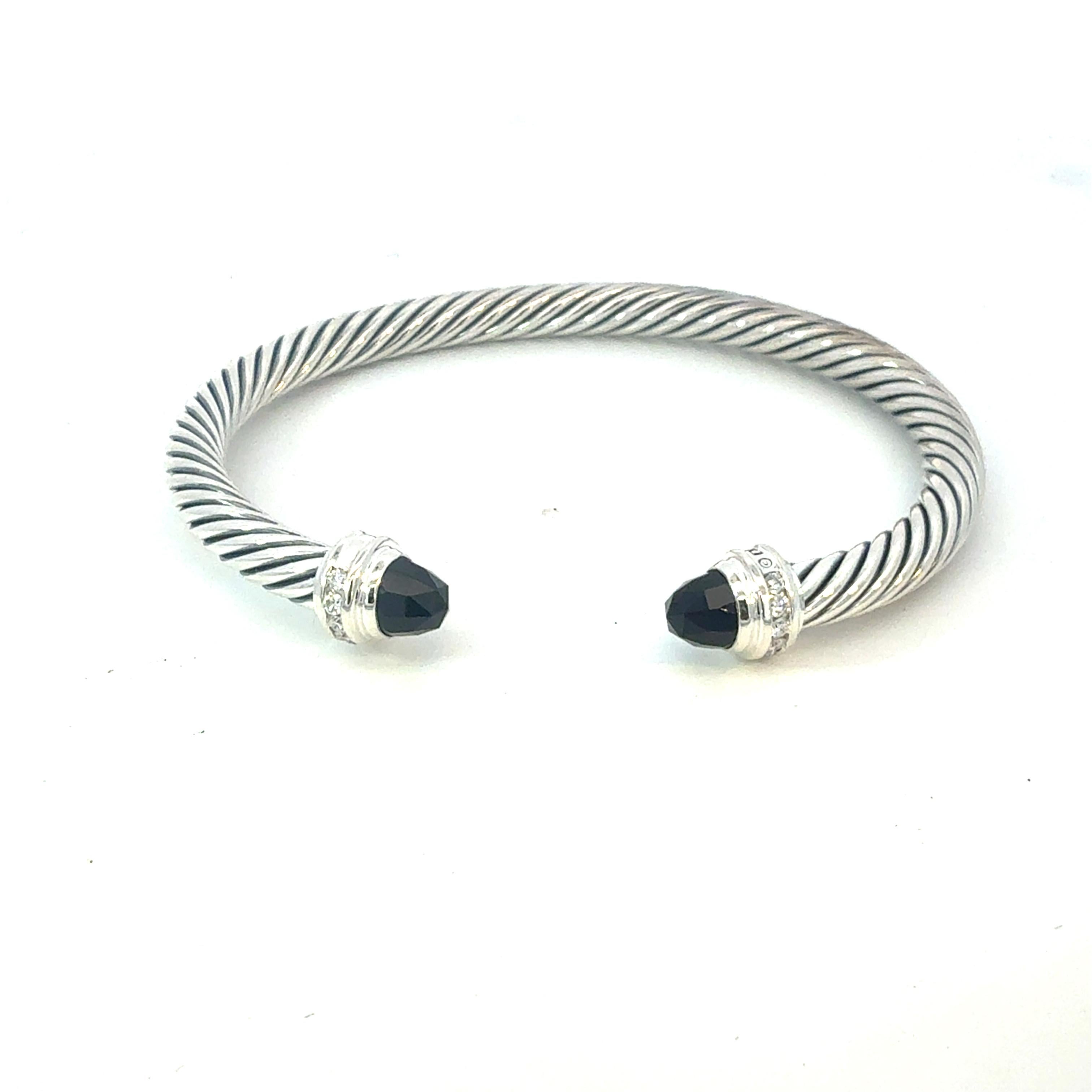 David Yurman Diamond Onyx Cable Cuff Bracelet 5 mm Size M Silver Estate en venta 1