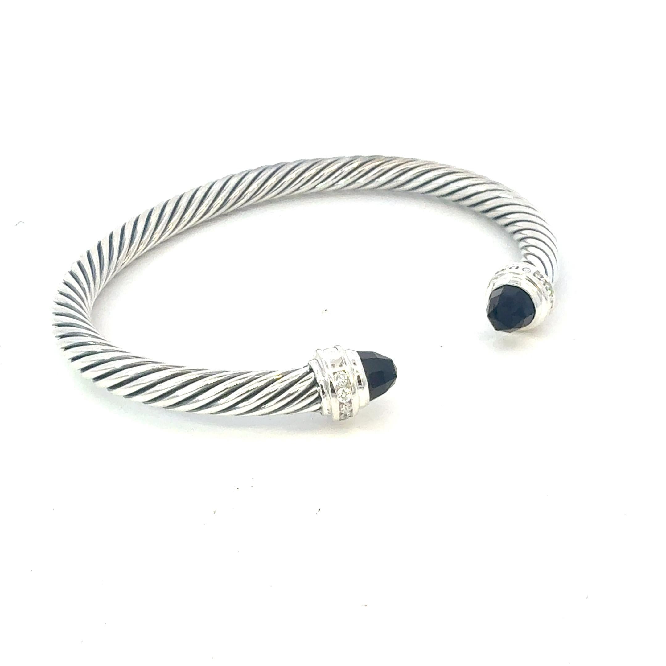 David Yurman Diamond Onyx Cable Cuff Bracelet 5 mm Size M Silver Estate en venta 2