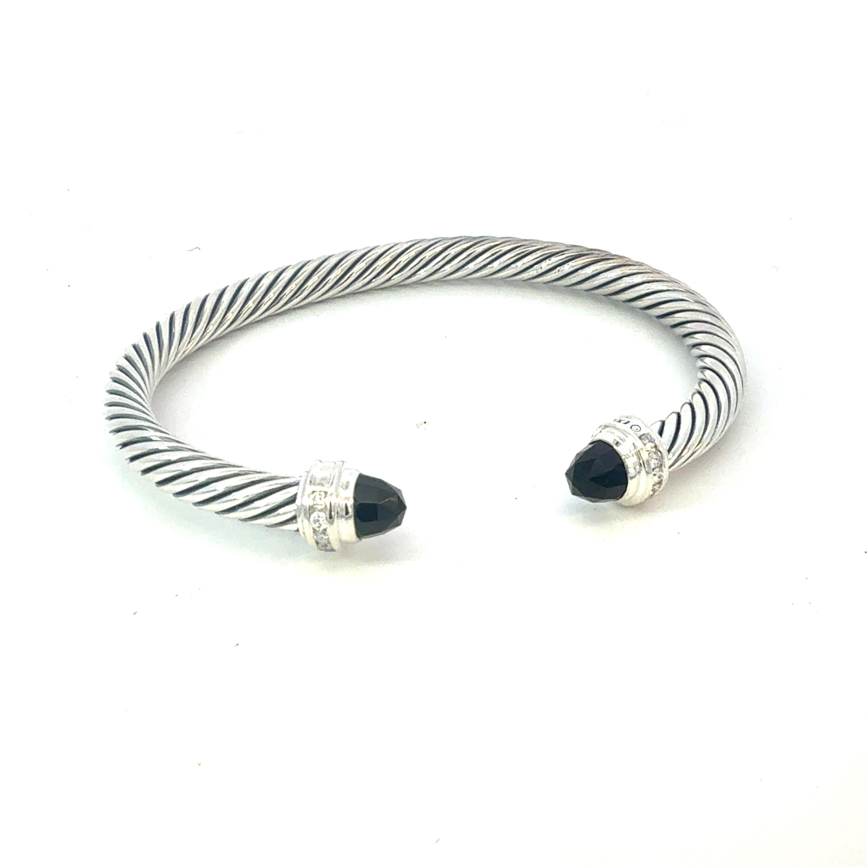 David Yurman Diamond Onyx Cable Cuff Bracelet 5 mm Size M Silver Estate en venta 3