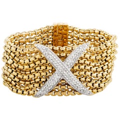 Vintage David Yurman Diamond Pave "X" Yellow Gold Wide Bracelet