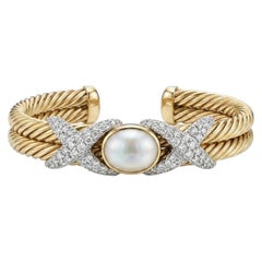 David Yurman Diamond Pearl 14K Yellow Gold Cuff Bracelet