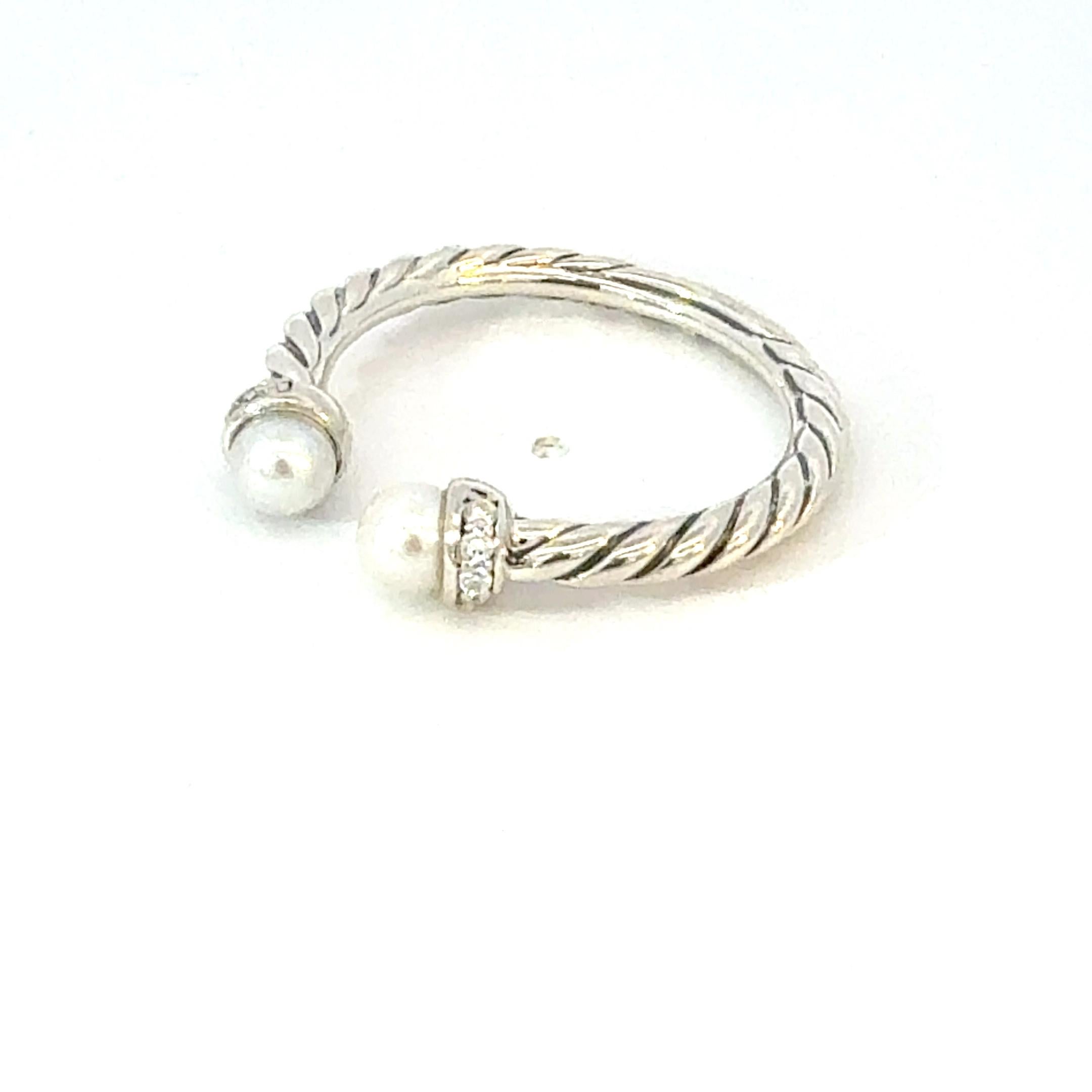 David Yurman Anillo de diamantes y perlas talla 8 Plata de ley Estate DY603 Corte redondo en venta