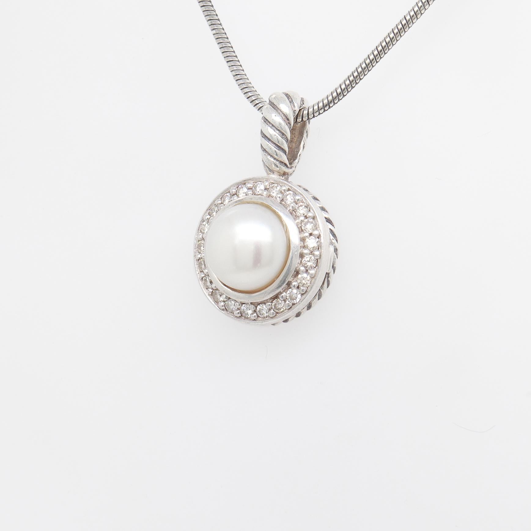 David Yurman Diamond, Pearl & Silver Petite Cerise Pendant for a Necklace 6