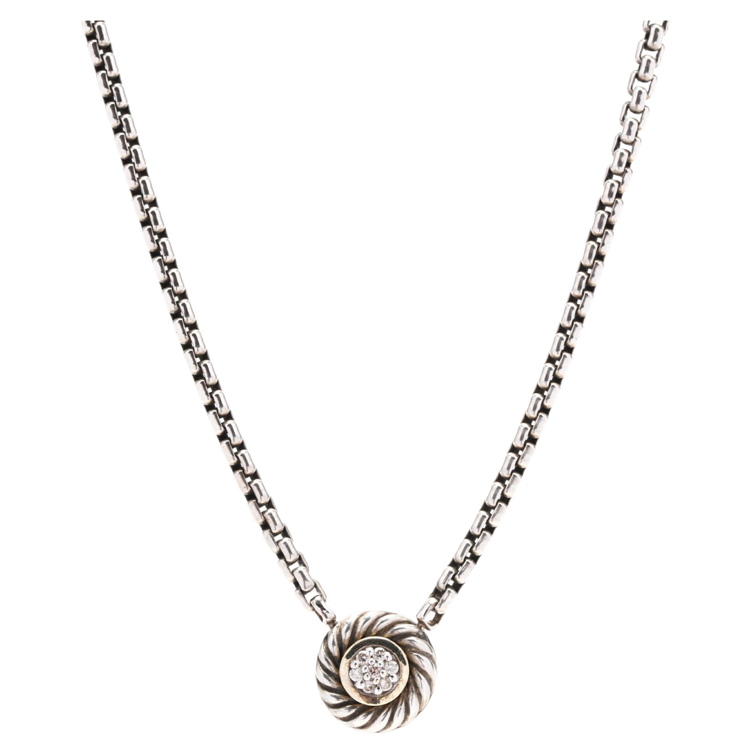 David Yurman Diamond Pendant Necklace, Sterling Silver 18k White Gold, 18 Inches For Sale