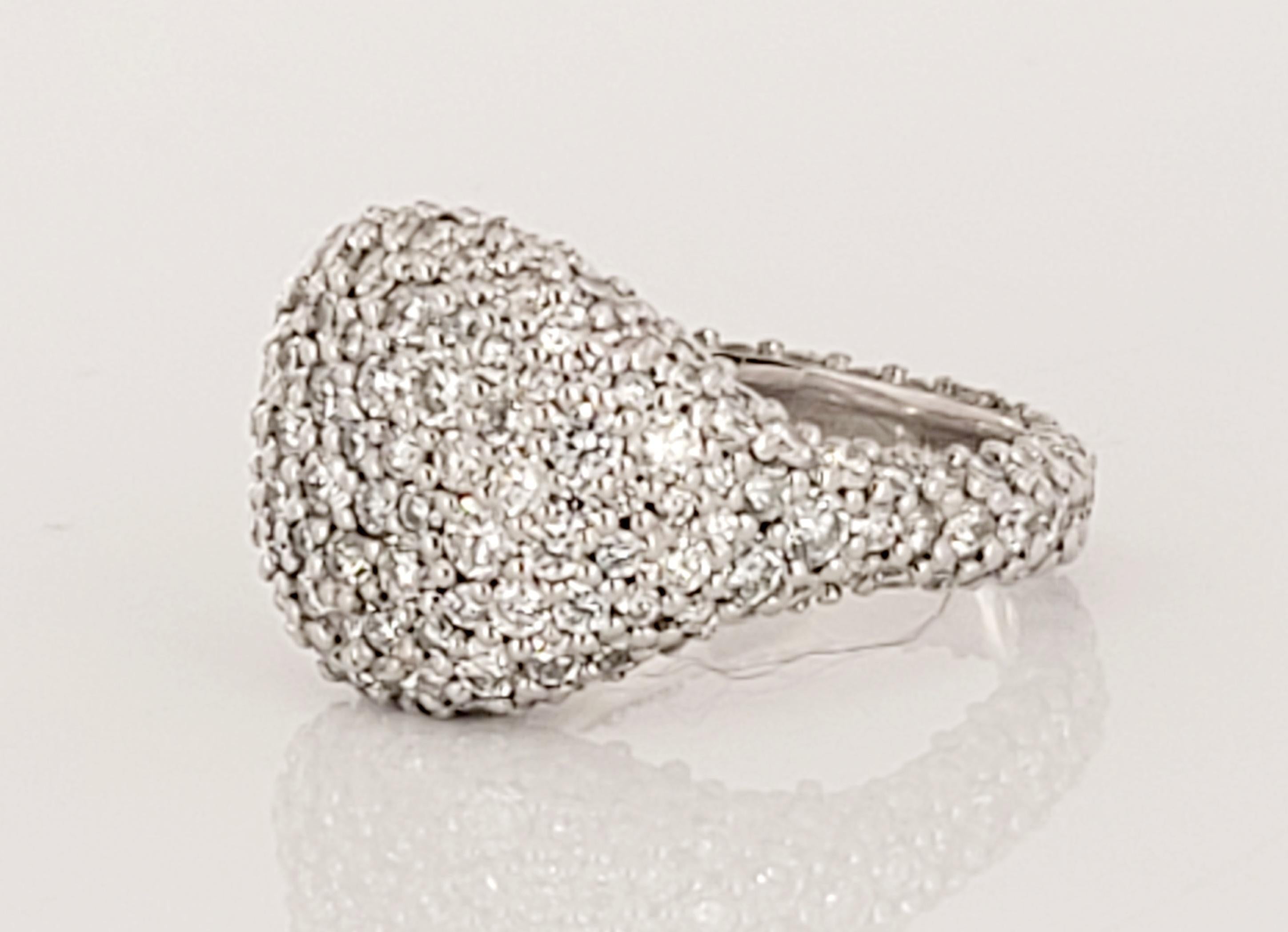 18k white gold ring 
Pave set diamonds, total weight 1.80ct
Diamond G color VS2 clarity
Ring measures 12mm wide
Shank measures 3.5mm wide
Ring size 3.75 (this ring is NOT resizable)
Ring stamped ''DY 750'
Ring Condition is New
Retail price estimate