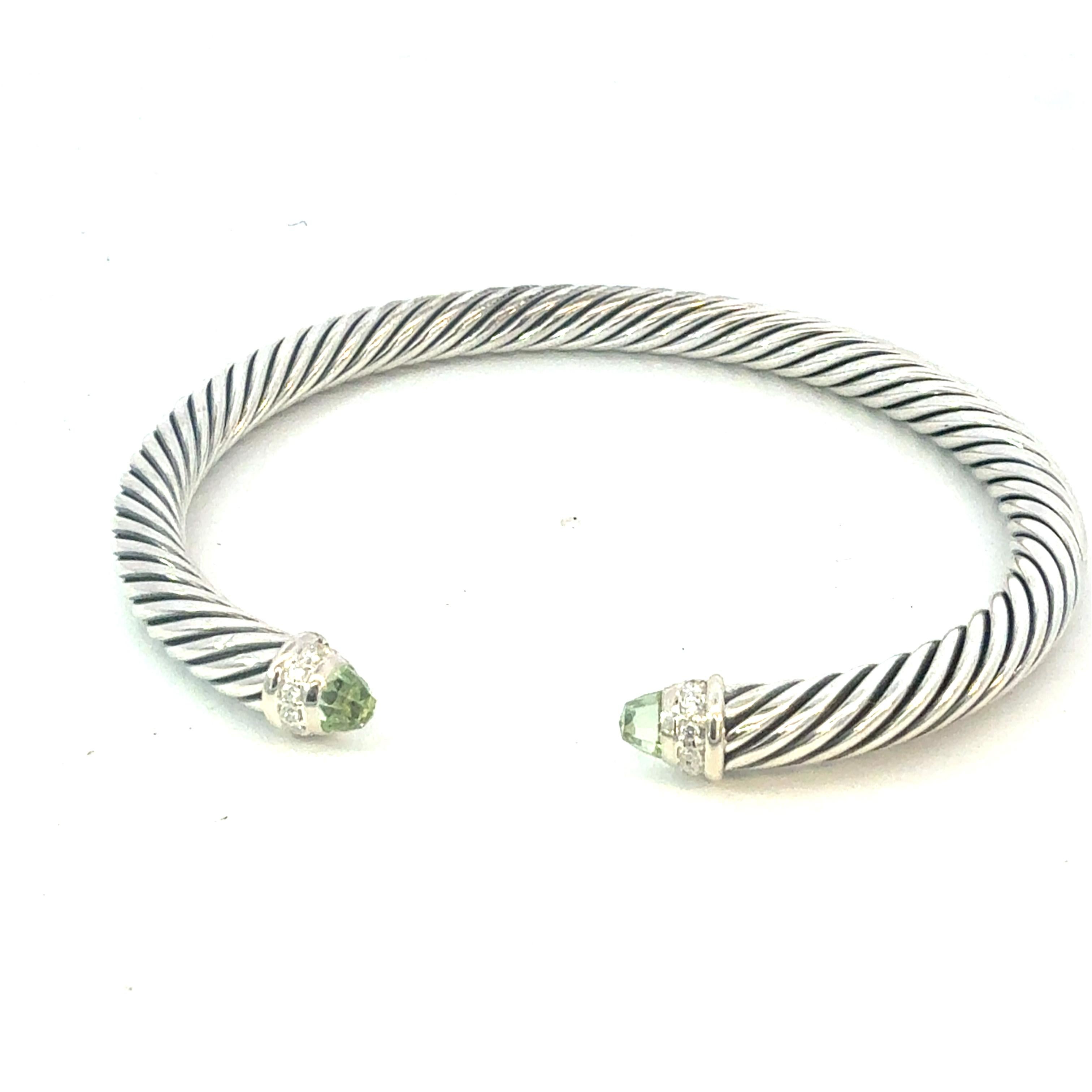 David Yurman Diamond Prasiolite Cuff Bracelet Size M 5 mm Sterling Silver Estate Corte mixto en venta