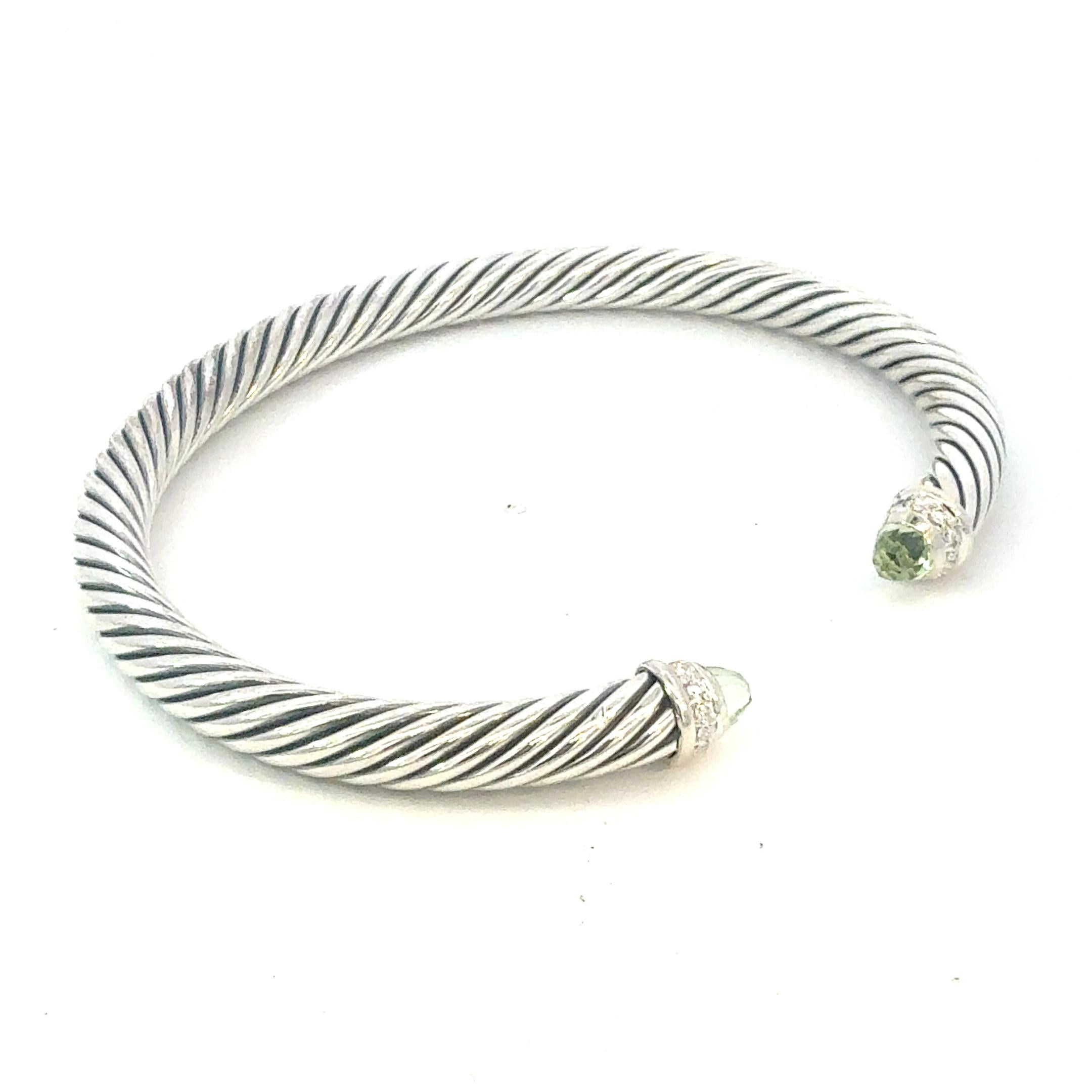 David Yurman Diamond Prasiolite Cuff Bracelet Size M 5 mm Sterling Silver Estate en Bueno estado para la venta en Brooklyn, NY