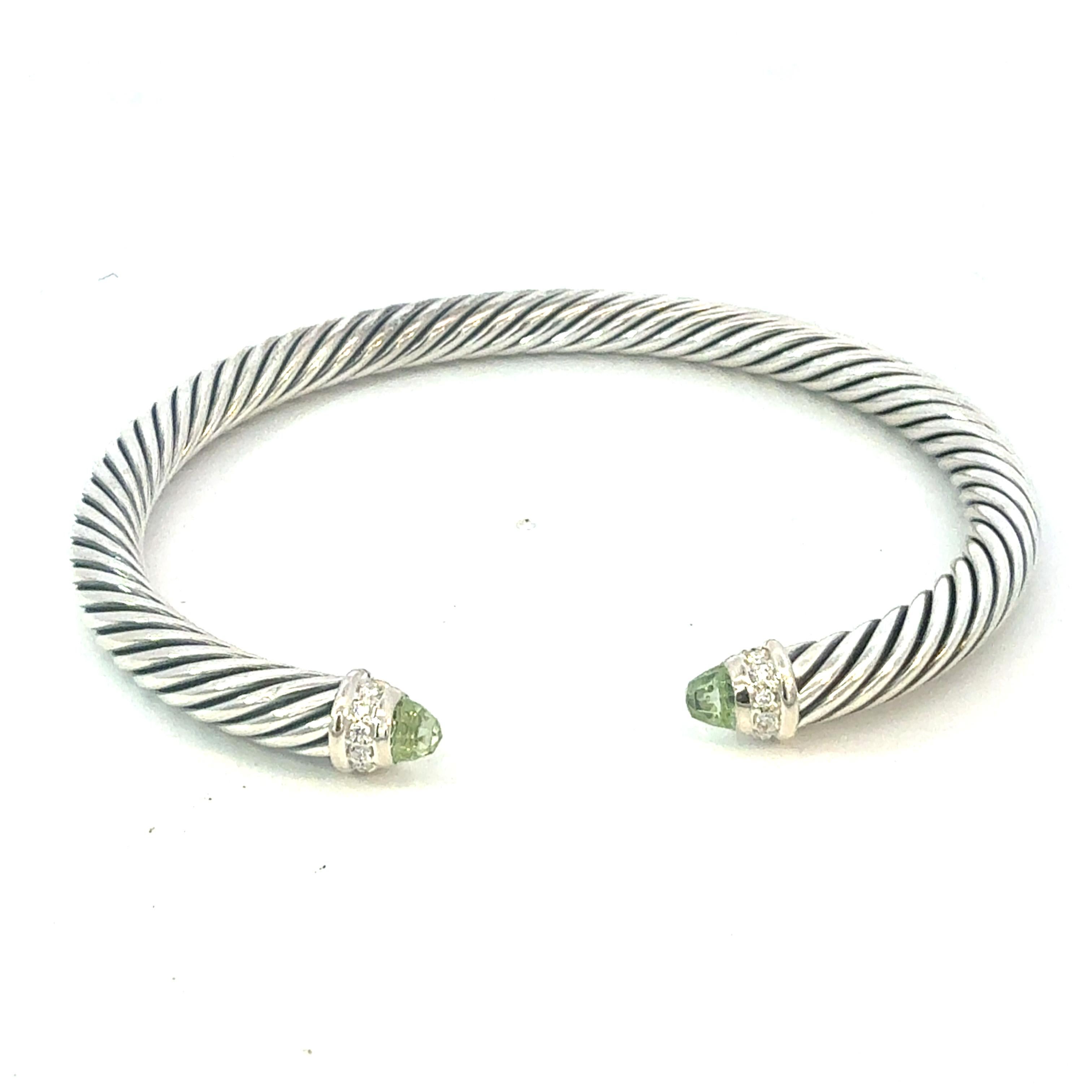 David Yurman Diamond Prasiolite Cuff Bracelet Size M 5 mm Sterling Silver Estate en venta 1