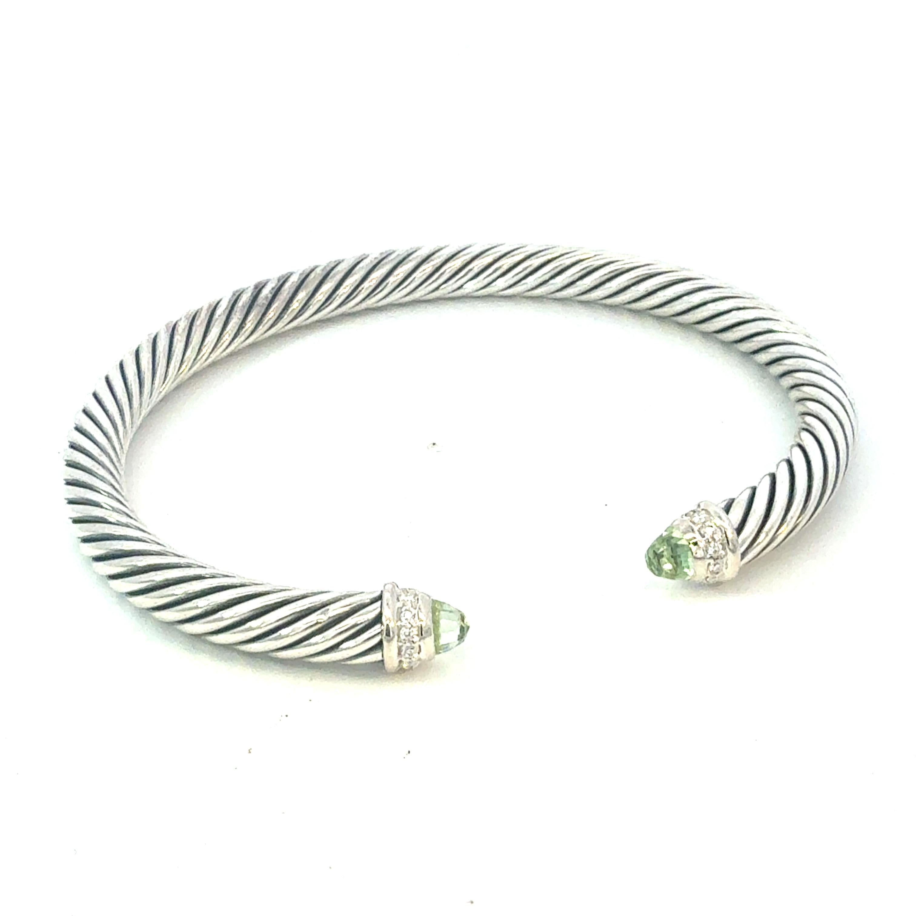 David Yurman Diamond Prasiolite Cuff Bracelet Size M 5 mm Sterling Silver Estate en venta 3