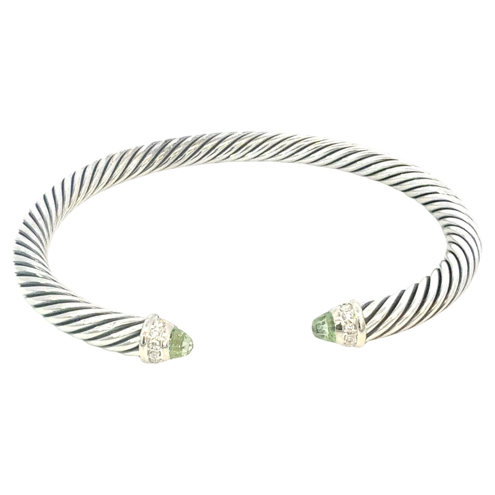 David Yurman Diamond Prasiolite Cuff Bracelet Size M 5 mm Sterling Silver Estate