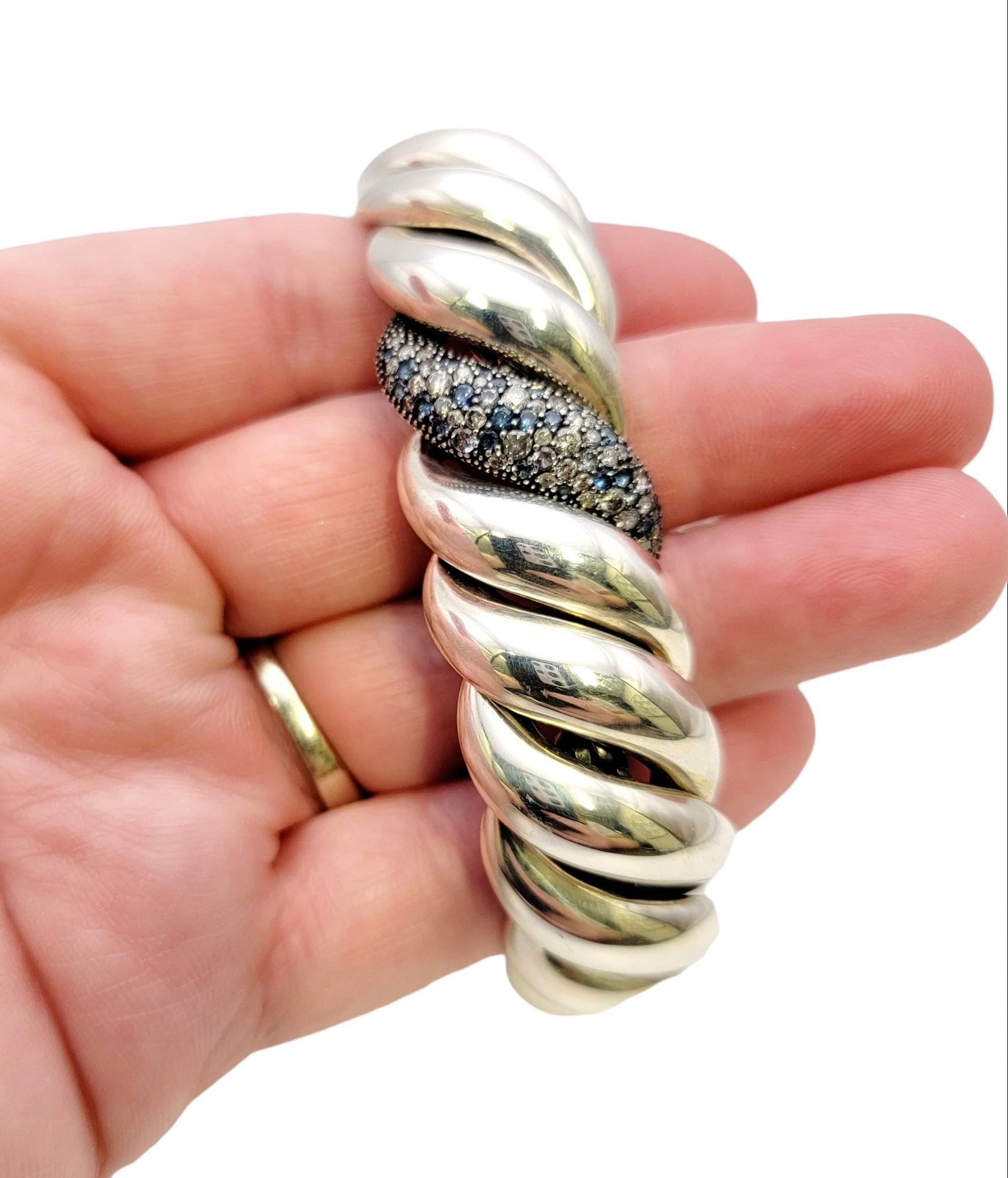 David Yurman Diamond, Sapphire, Tanzanite Sculptured Sterling Silver Bracelet For Sale 3
