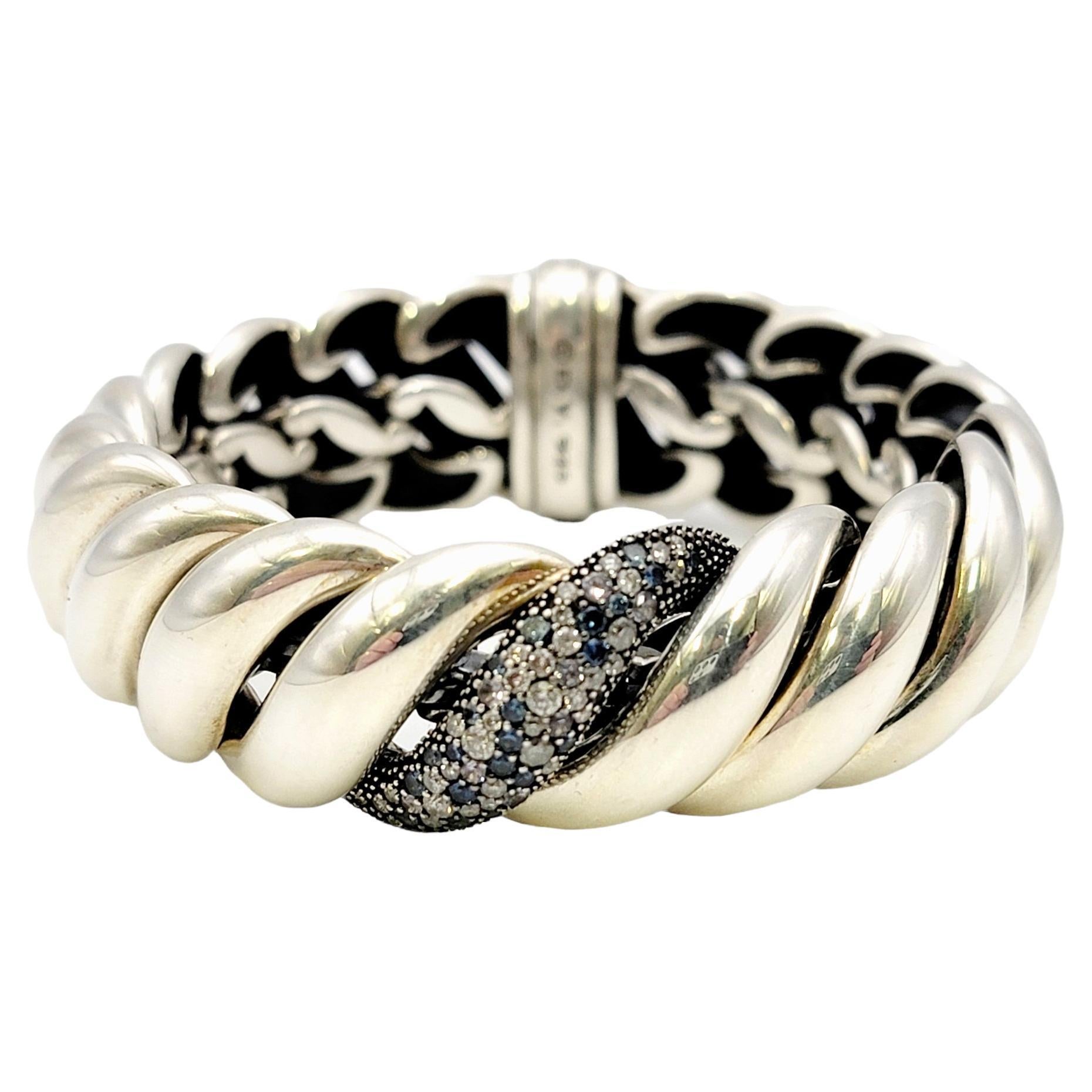 David Yurman Diamond, Sapphire, Tanzanite Sculptured Sterling Silver Bracelet For Sale