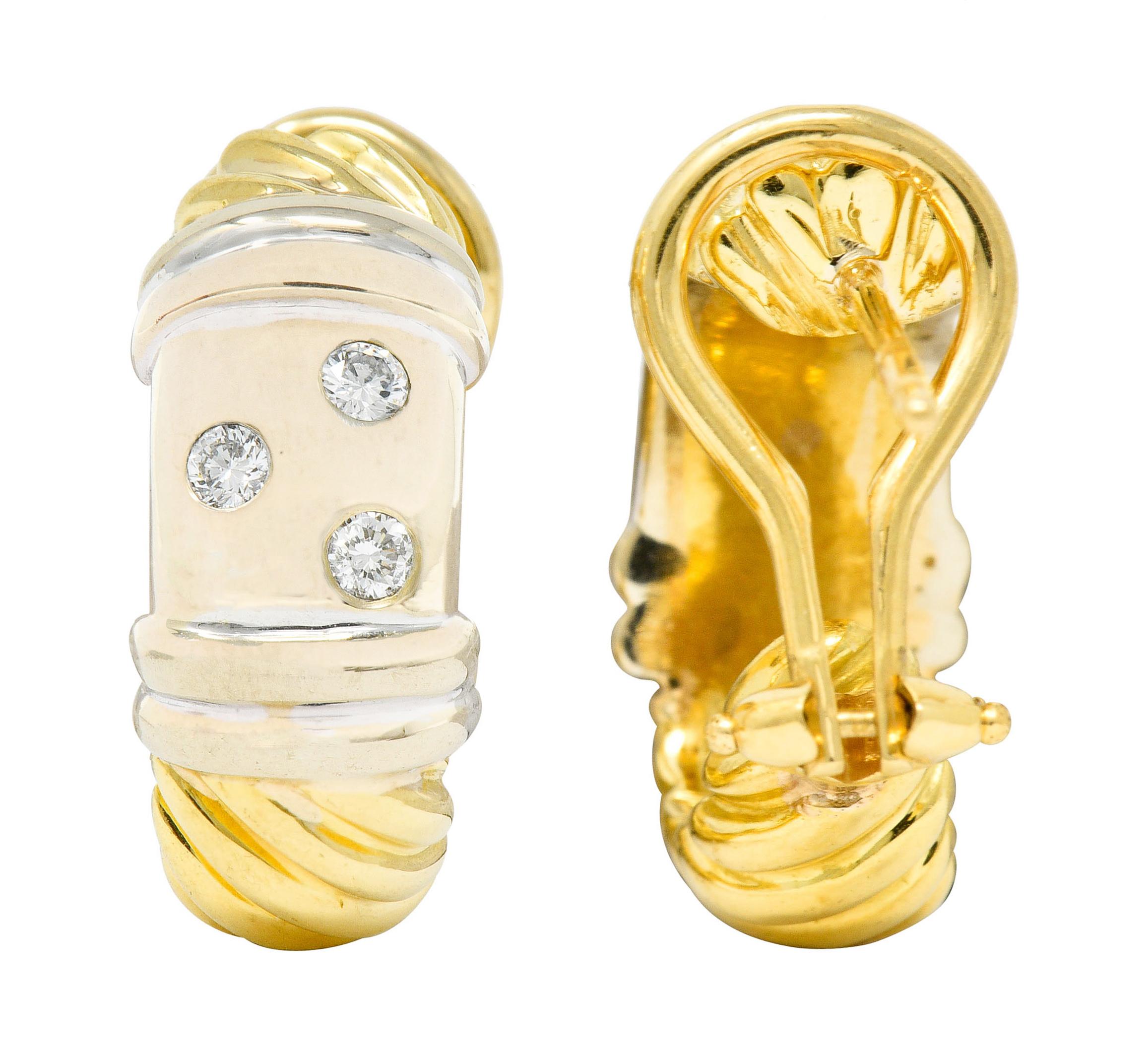 David Yurman Diamond Sterling Silver 18 Karat Gold Metro J Hoop Earrings 1