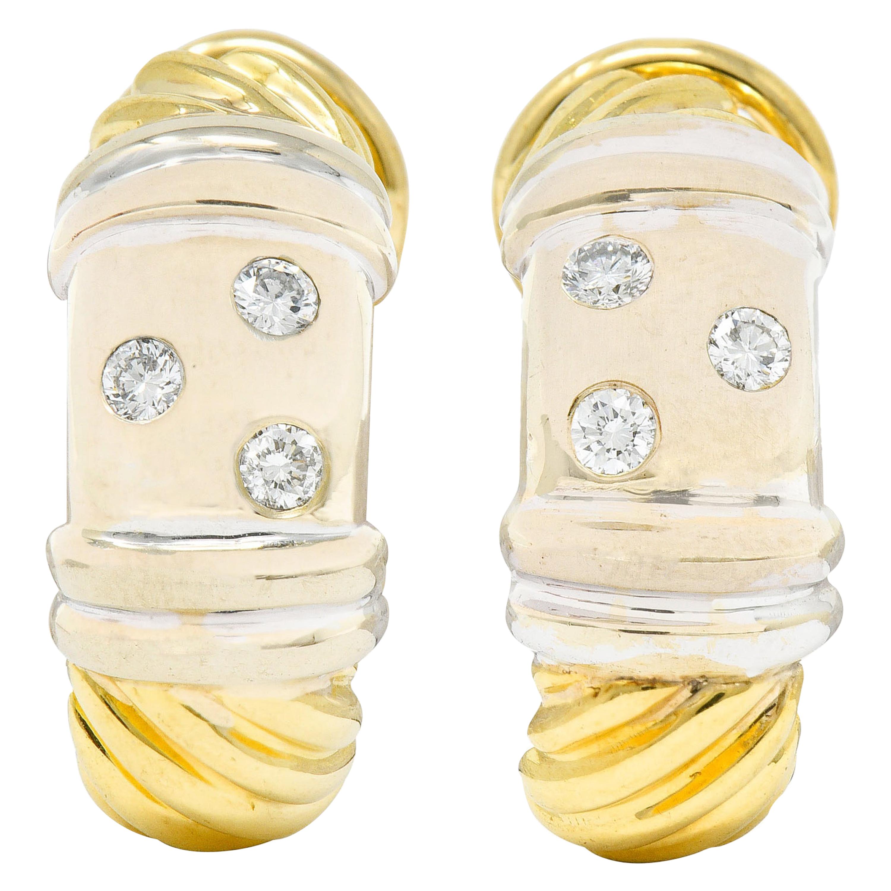 David Yurman Diamond Sterling Silver 18 Karat Gold Metro J Hoop Earrings