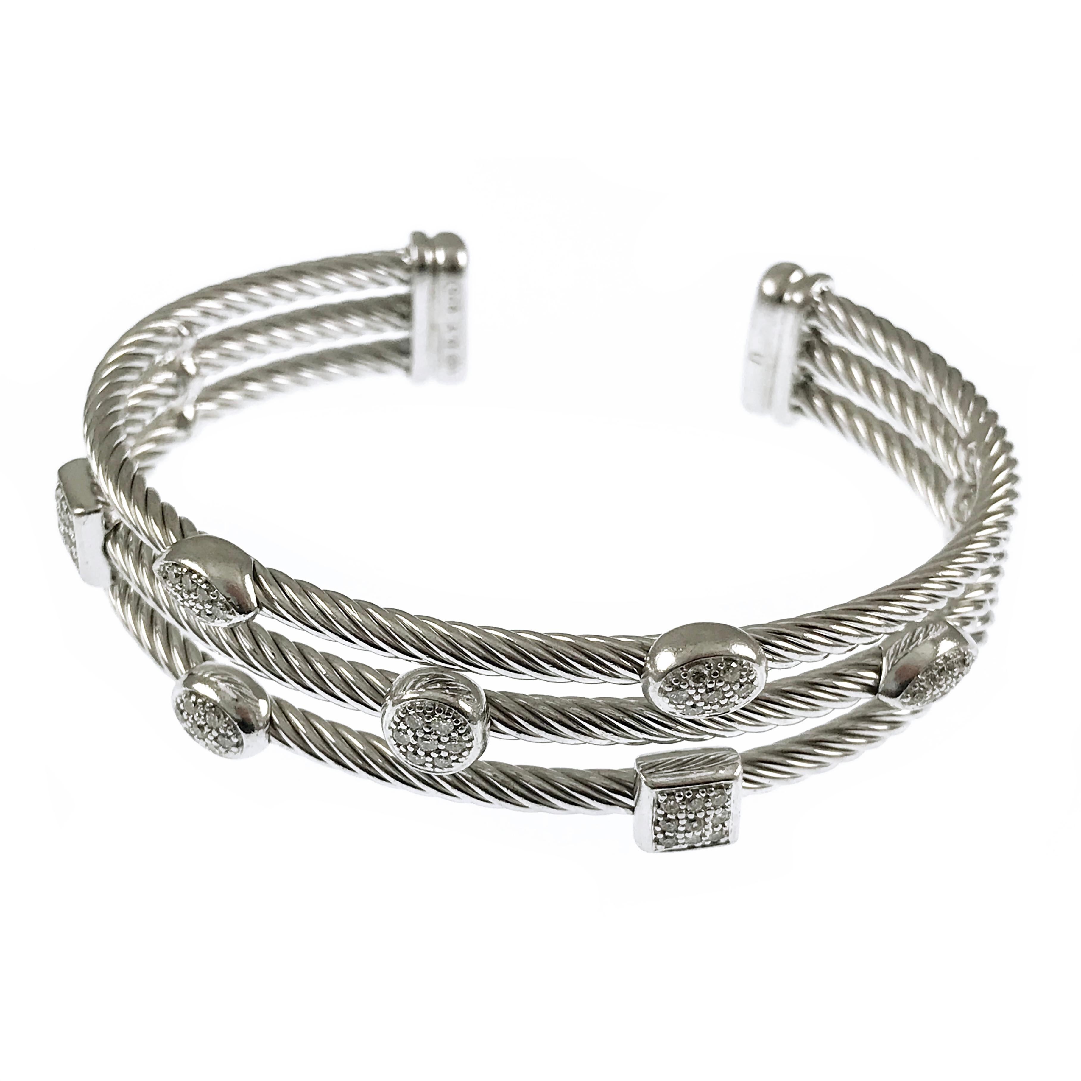 David Yurman Diamond Sterling Silver ‘Confetti’ Three-Row Cable Cuff Bracelet. This gorgeous cuff is crafted from sterling silver with a high polished finish. This piece has the Yurman signature cable band design, three cable wire bands joined at