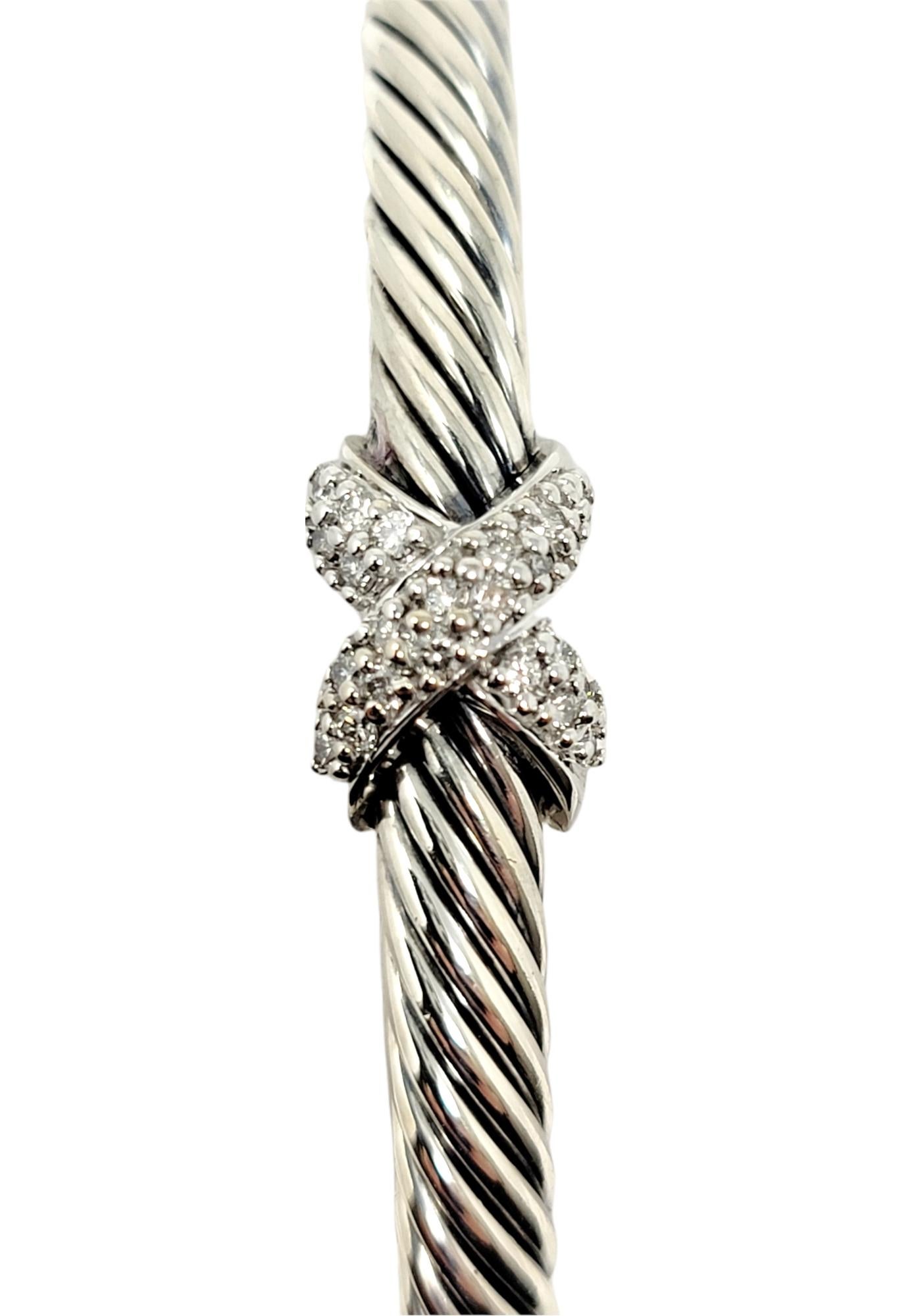 Contemporary David Yurman Diamond X Station Cable Bangle Bracelet in 925 Sterling Silver