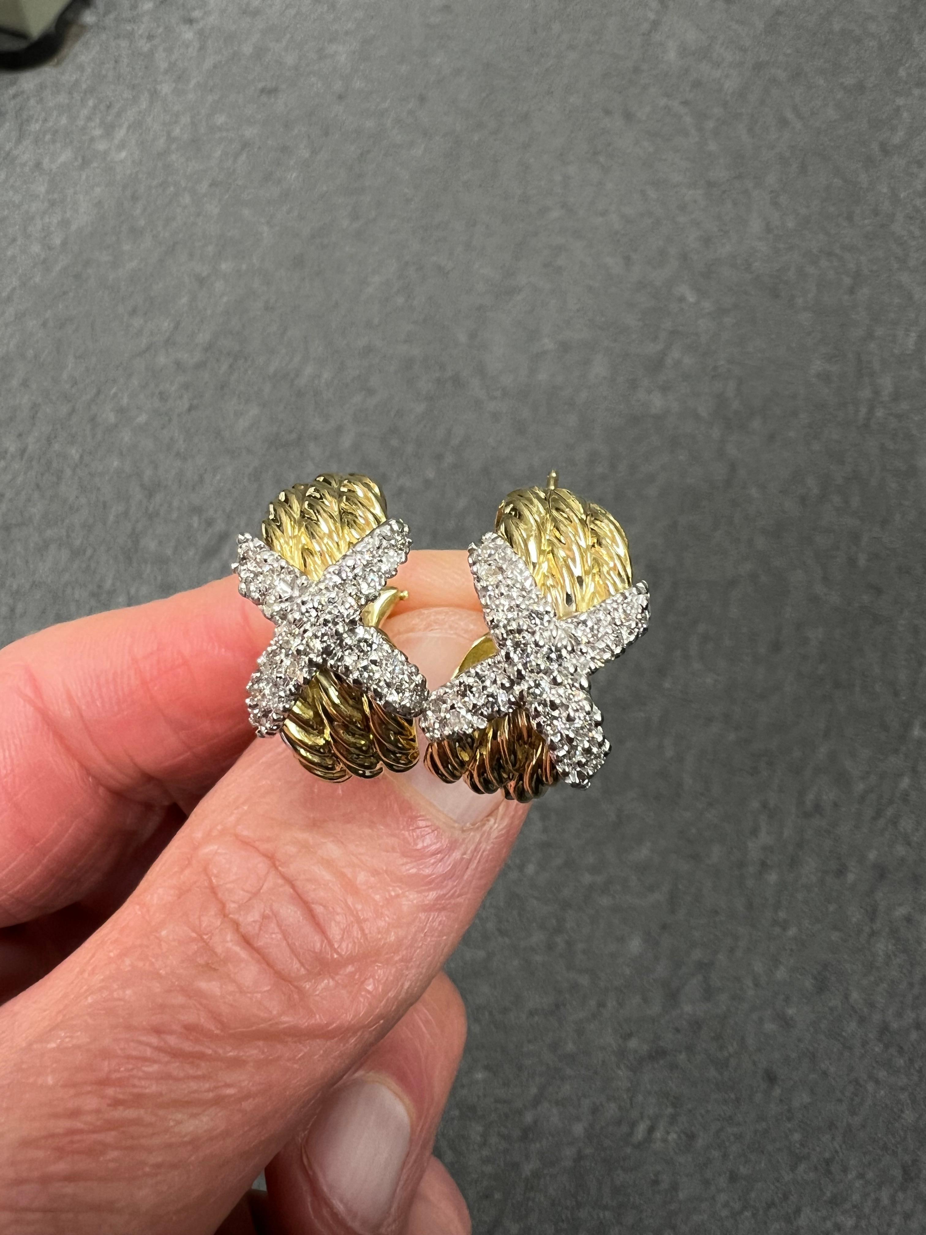 Round Cut David Yurman Diamond X 18k Yellow Gold Hoop Earrings For Sale