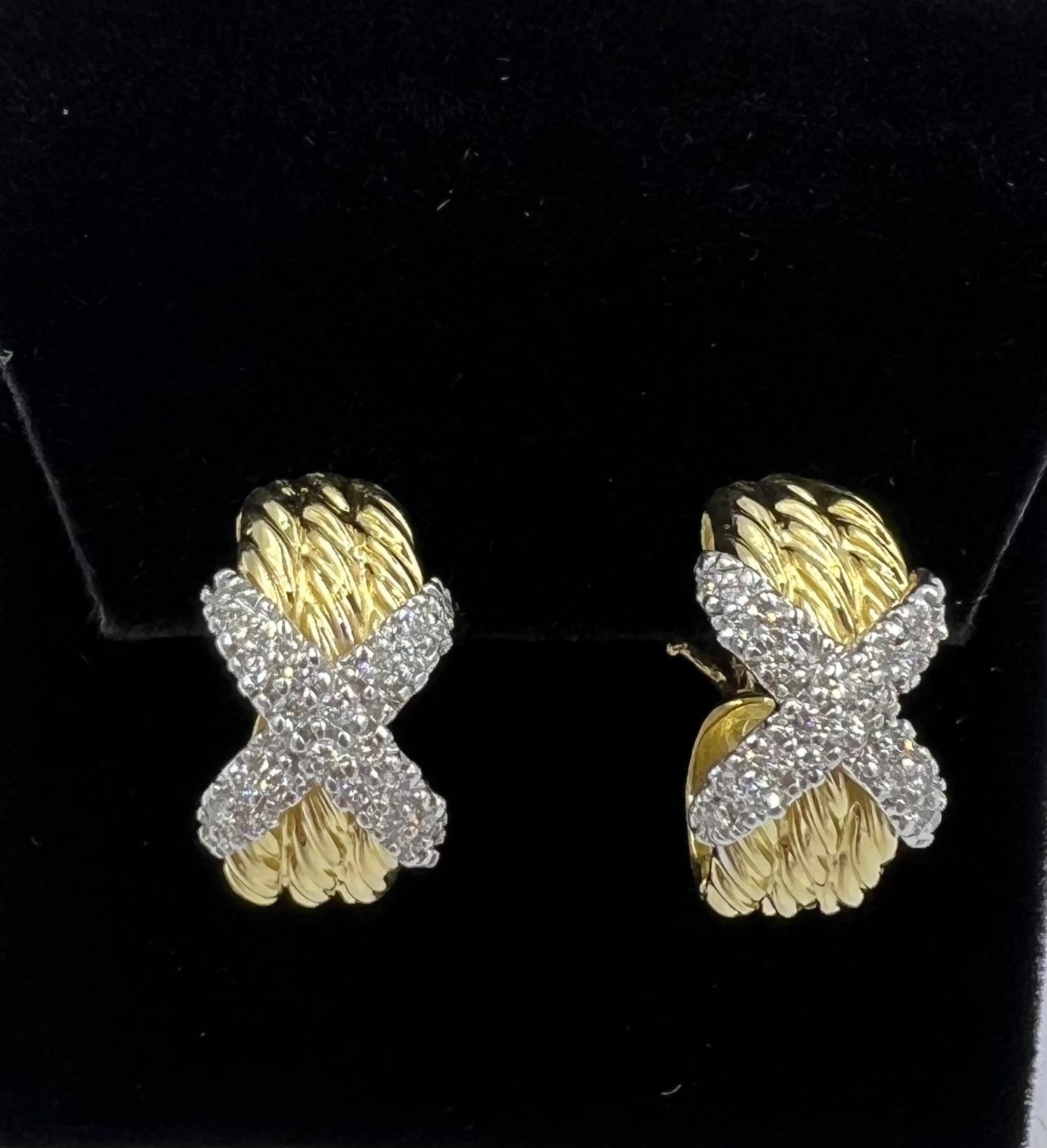David Yurman Diamond X 18k Yellow Gold Hoop Earrings For Sale 1