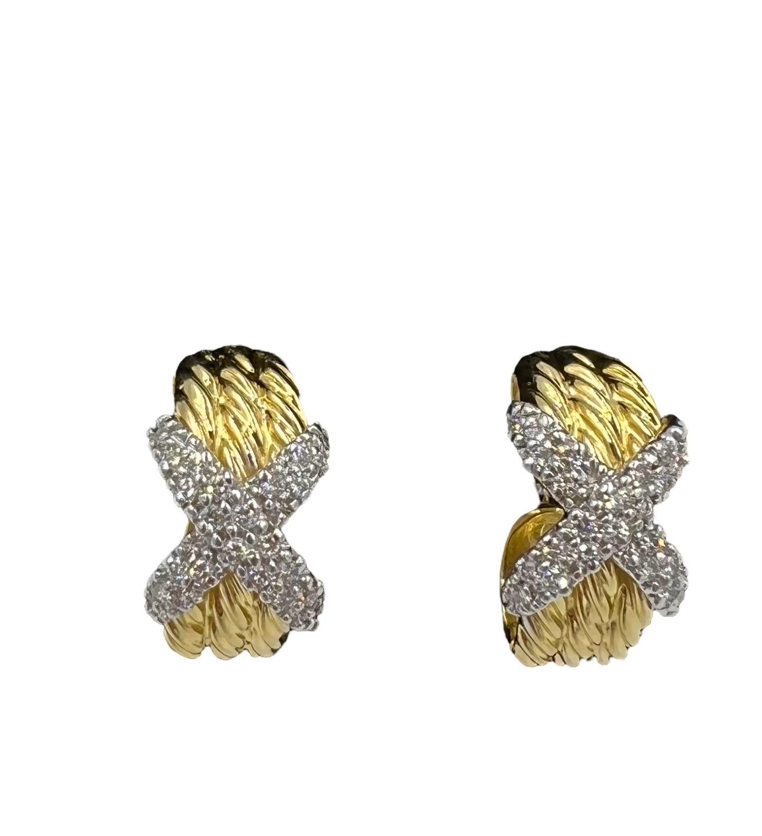 David Yurman Diamond X 18k Yellow Gold Hoop Earrings For Sale 2