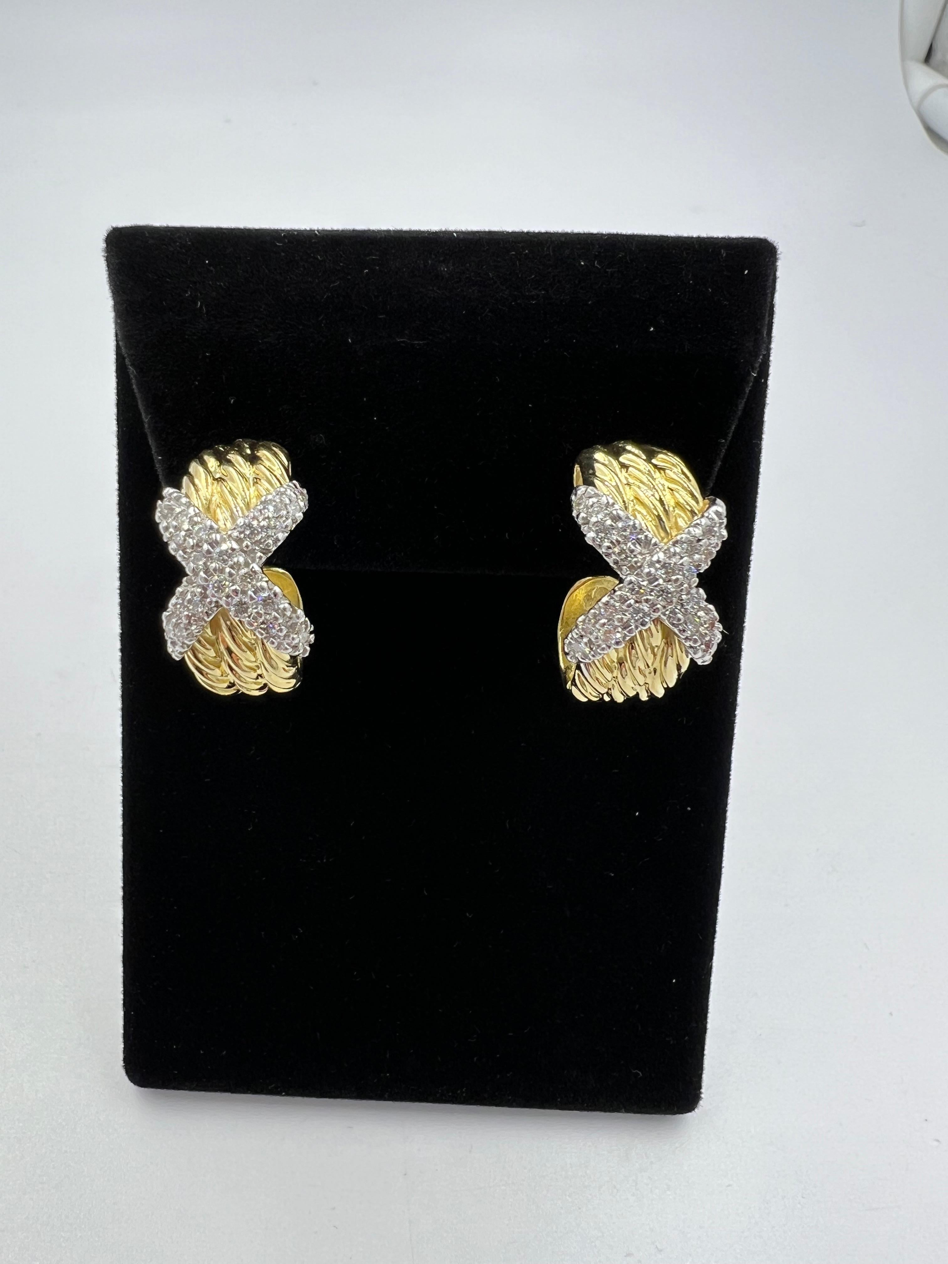 David Yurman Diamond X 18k Yellow Gold Hoop Earrings For Sale 3