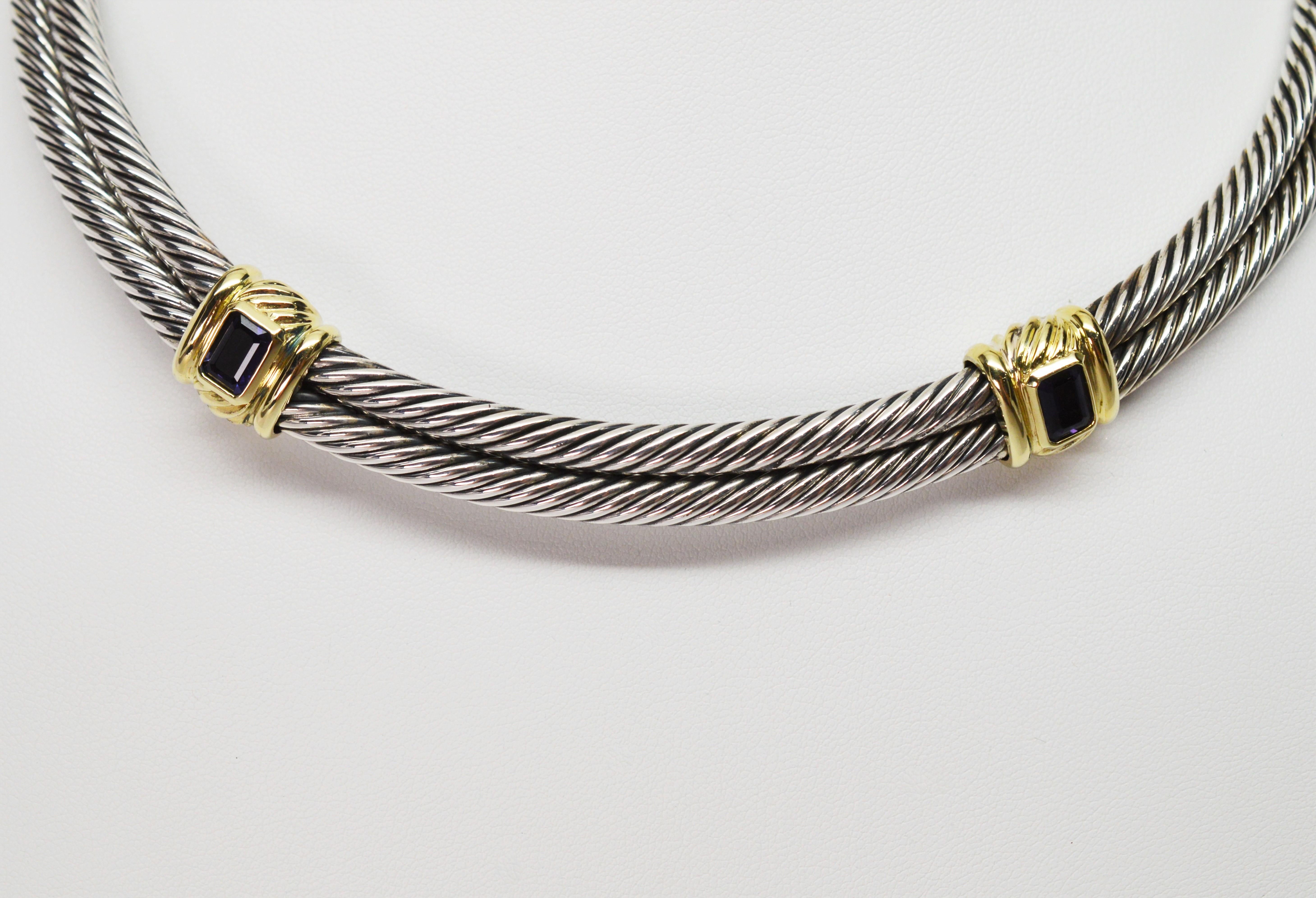 A stunning statement piece by well known jewelry designer David Yurman. Twin lengths of flexible polished sterling silver twisted cable chain create this stylish structured collar piece measuring 5-1/4 inches diameter and with a 15 inch