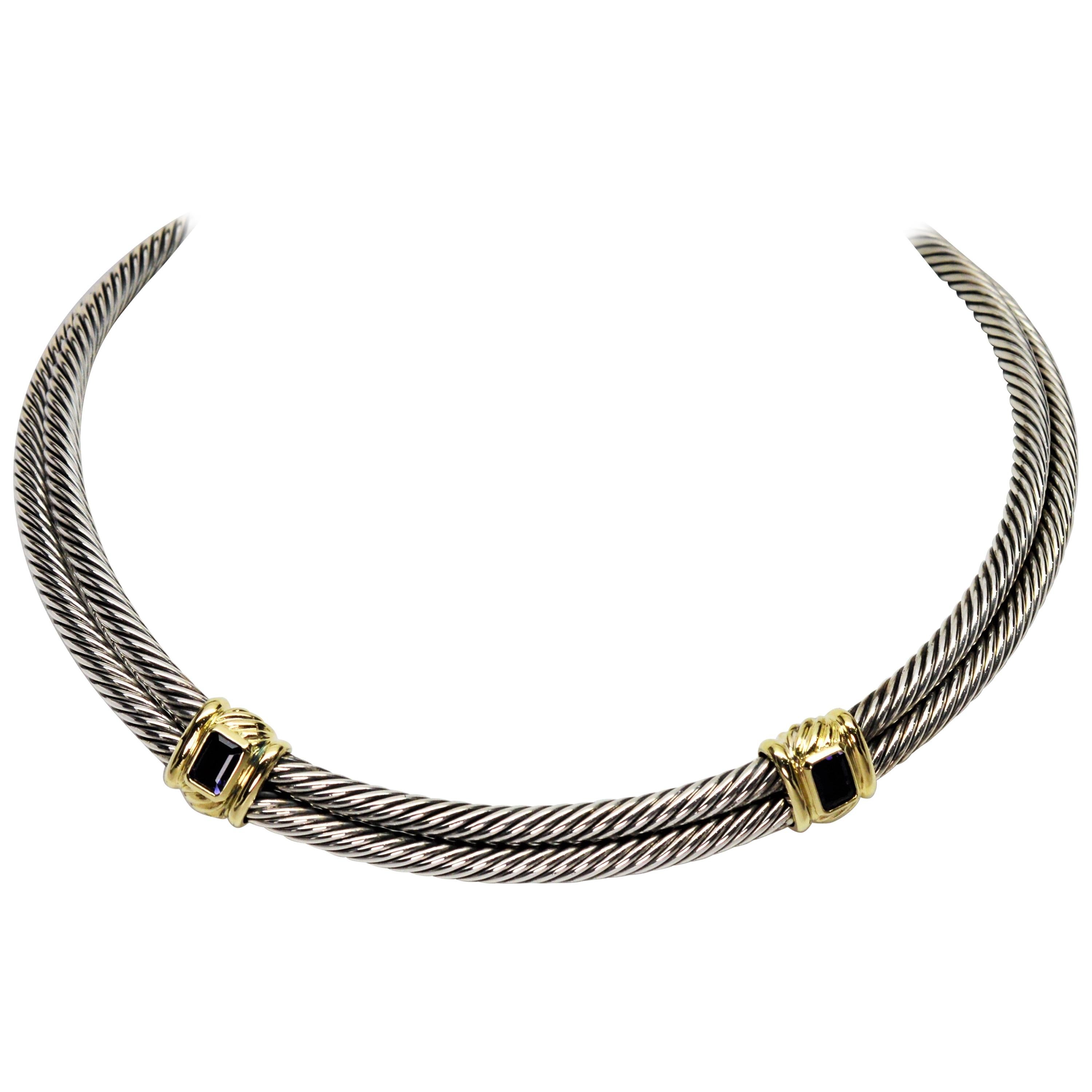 David Yurman Double Cable Chain Sterling Silver Iolite Collar Necklace