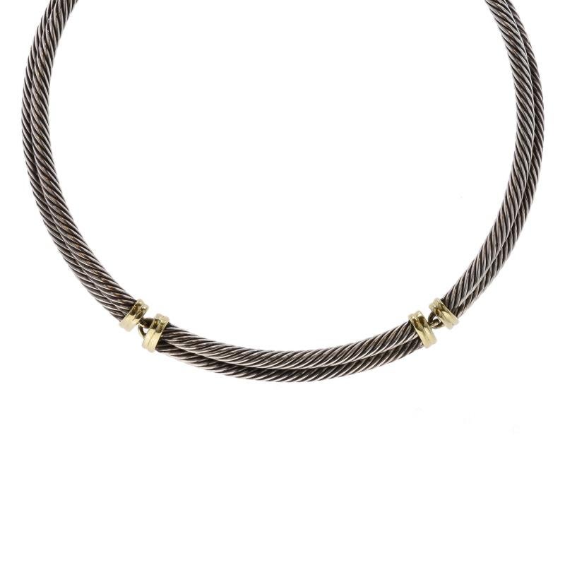 Marque : David Yurman
Design/One : Tour de cou à double câble

Contenu en métal : Argent sterling 925 et or jaune 14k

Type de fermeture : Fermoir à griffe de homard

Mesures

Largeur avant : 13/32
