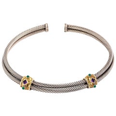 David Yurman Double Cable Choker-Sterling 14 Karat Amethyst Emeralds