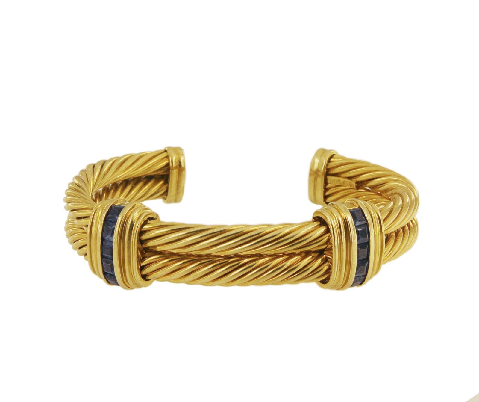 Princess Cut David Yurman Double Cable Cuff Bracelet with Sapphire