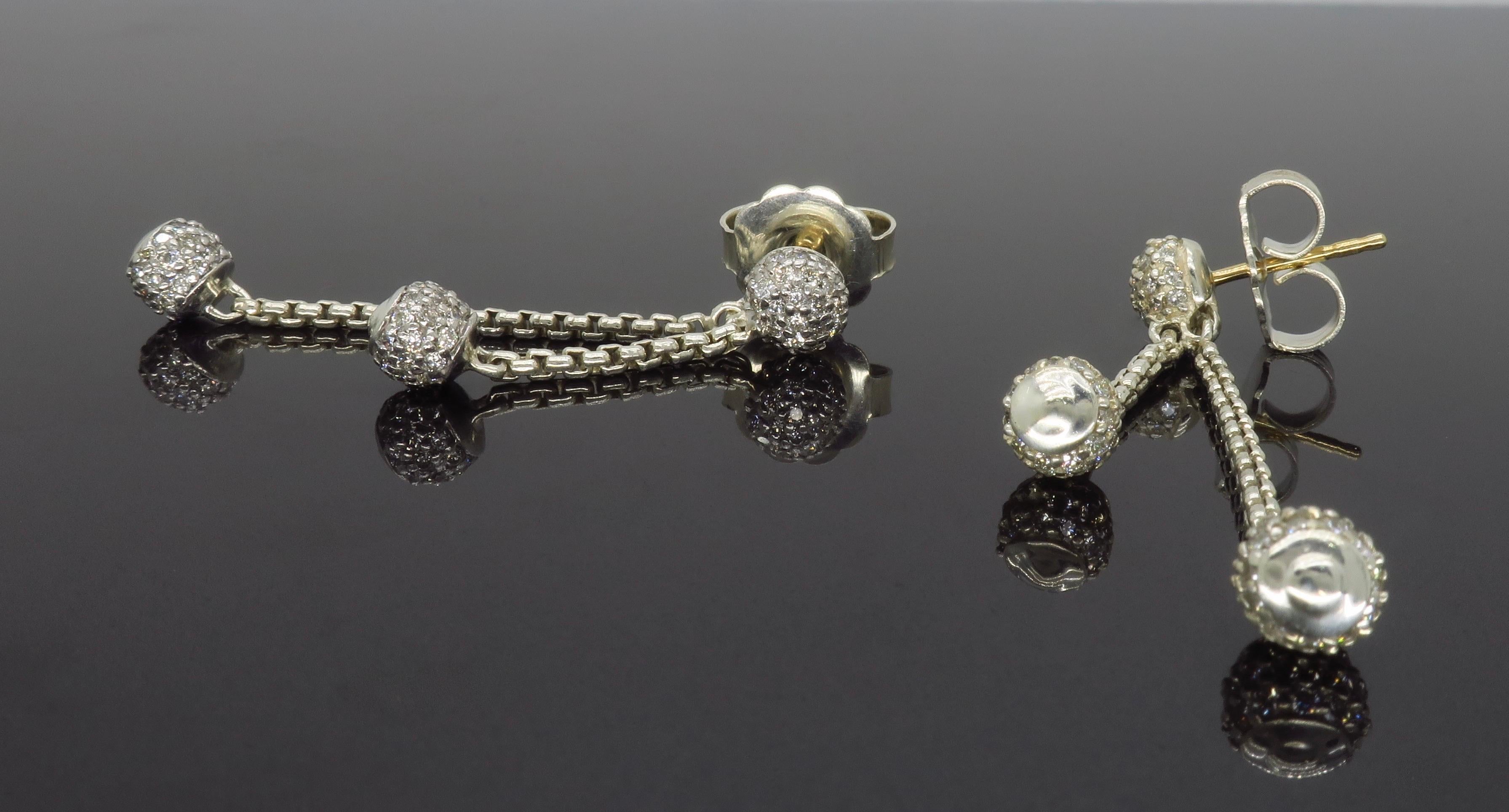 Round Cut David Yurman Double Drop Sterling and 18 Karat Gold Earrings