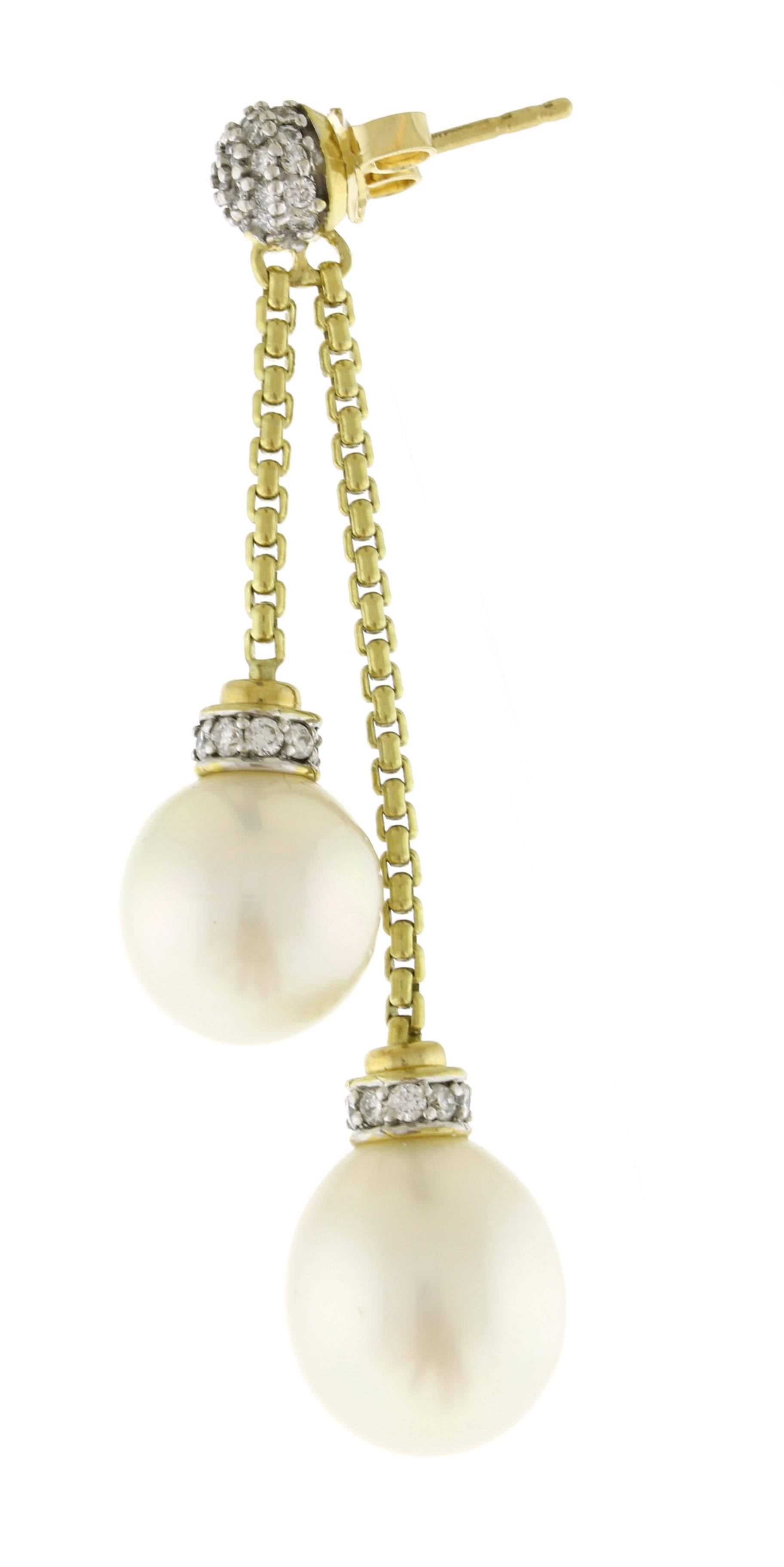 Brilliant Cut David Yurman Double Solari Chain Drop Earrings with Diamonds and Pearls