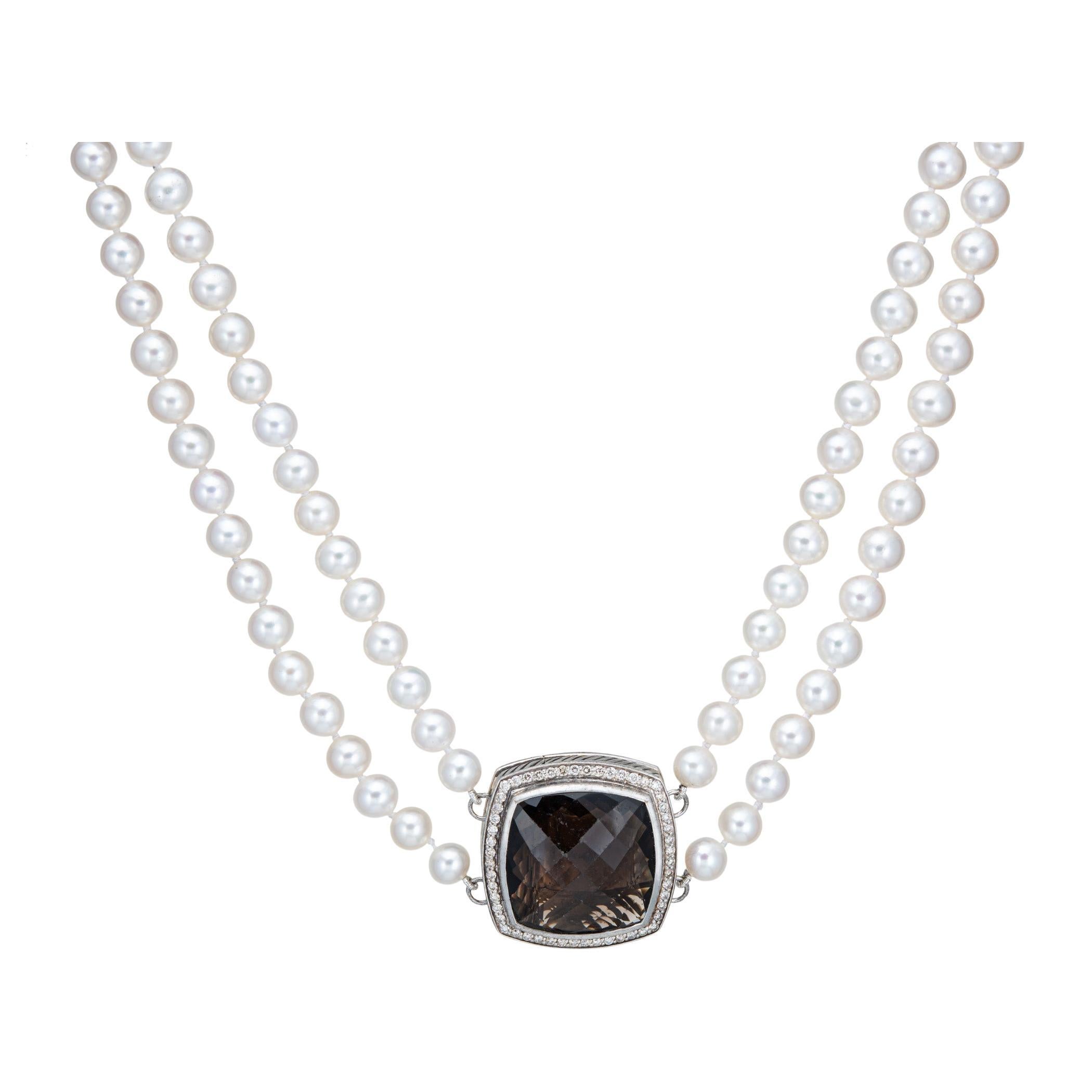 David Yurman Double Strand Pearl Necklace Albion Diamond Quartz Clasp 19" For Sale