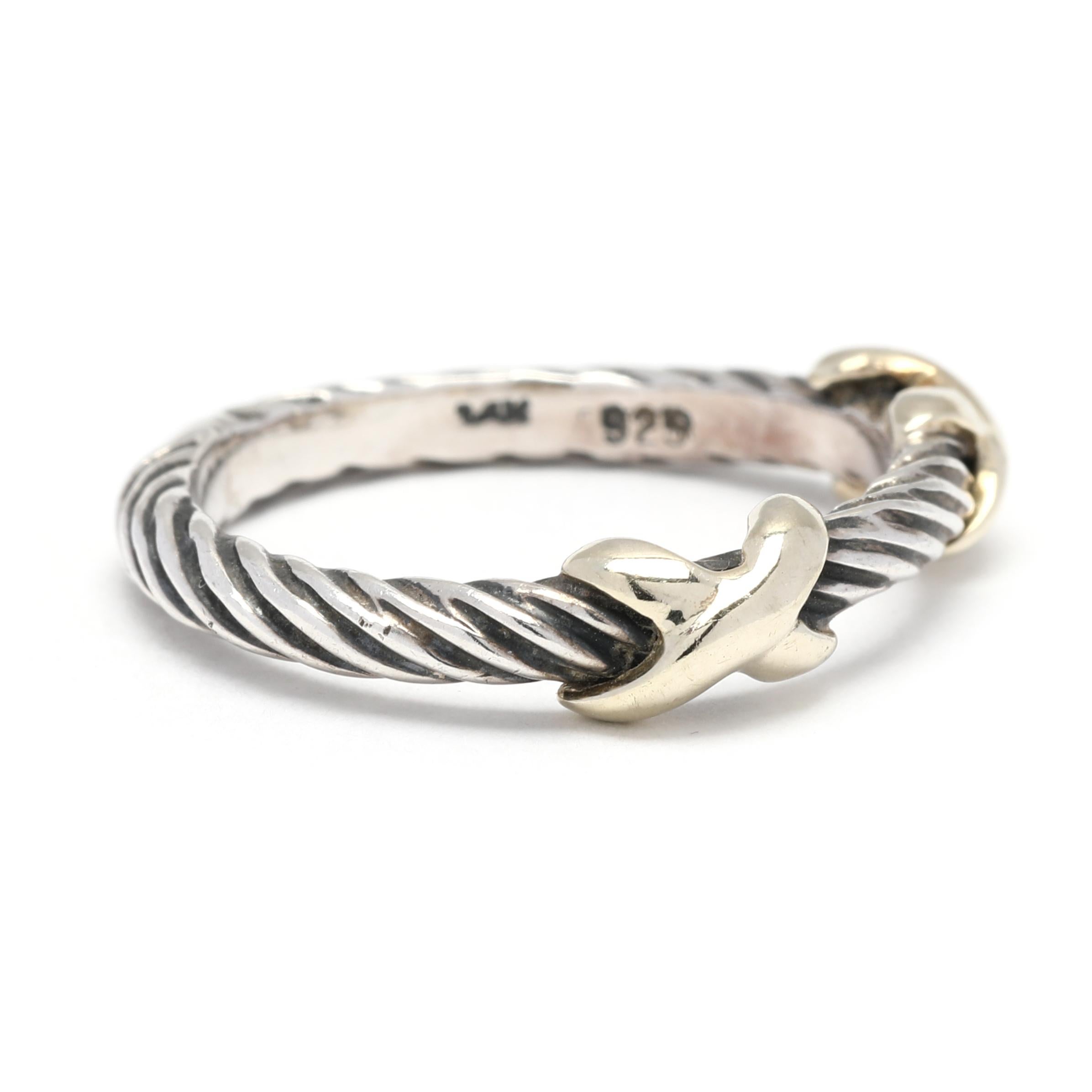 This David Yurman X-design stackable band ring is an exquisite piece of luxury jewelry, handmade with 14K yellow gold and sterling silver. Crafted with a delicate thin cable design, the double X makes a stunning stand-alone or stackable style that