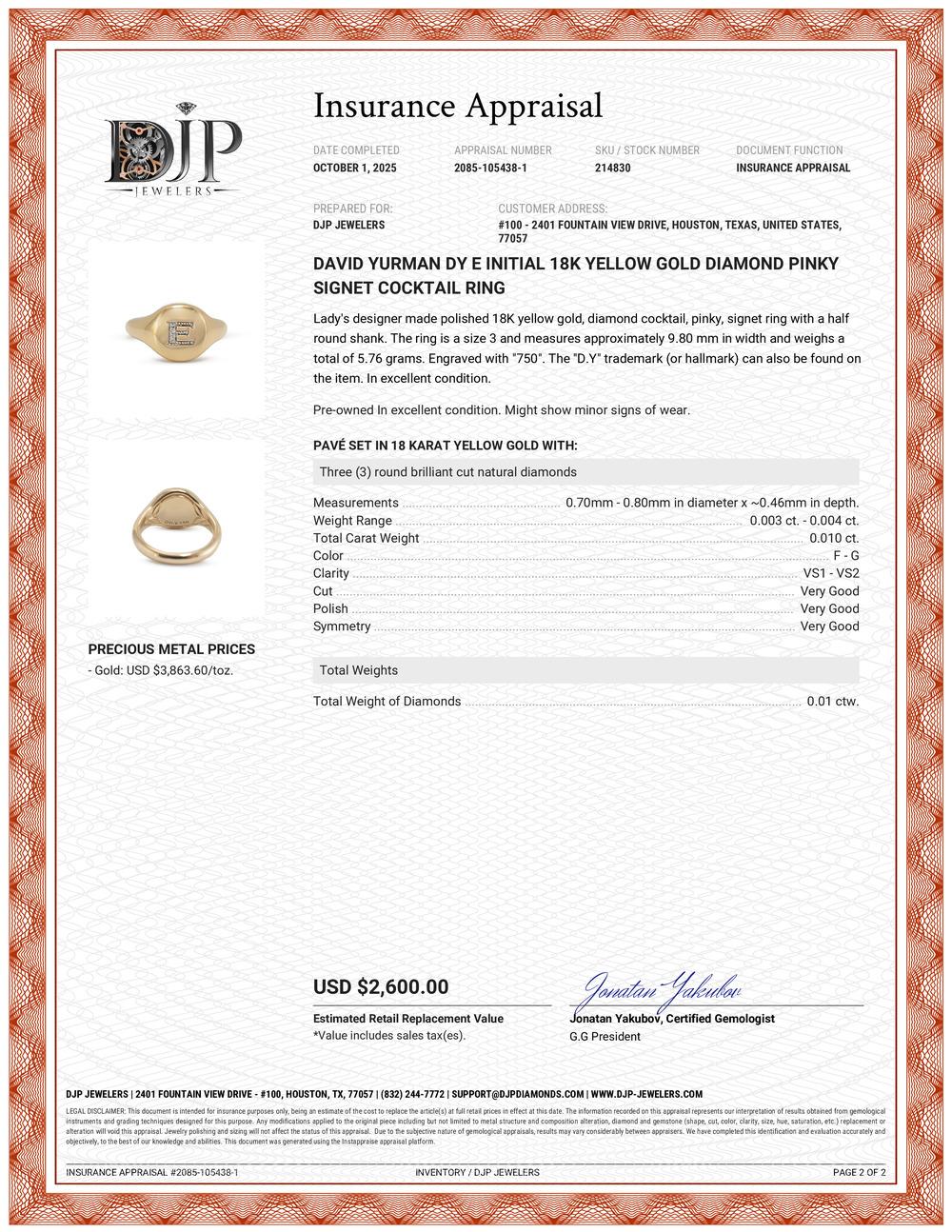Anillo de cóctel David Yurman DYE Initial de oro amarillo de 18 quilates con diamante en forma de meñique en venta 3