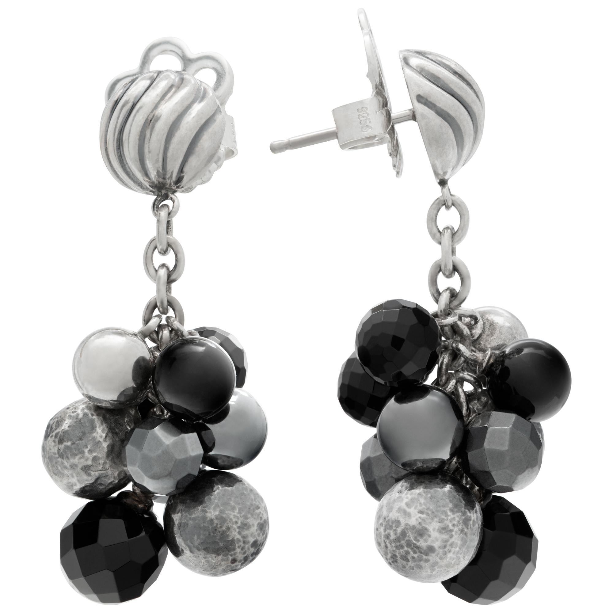 David Yurman earrings in sterling silver with sterling silver and onyx balls. Hanging length 1.57 inches.
