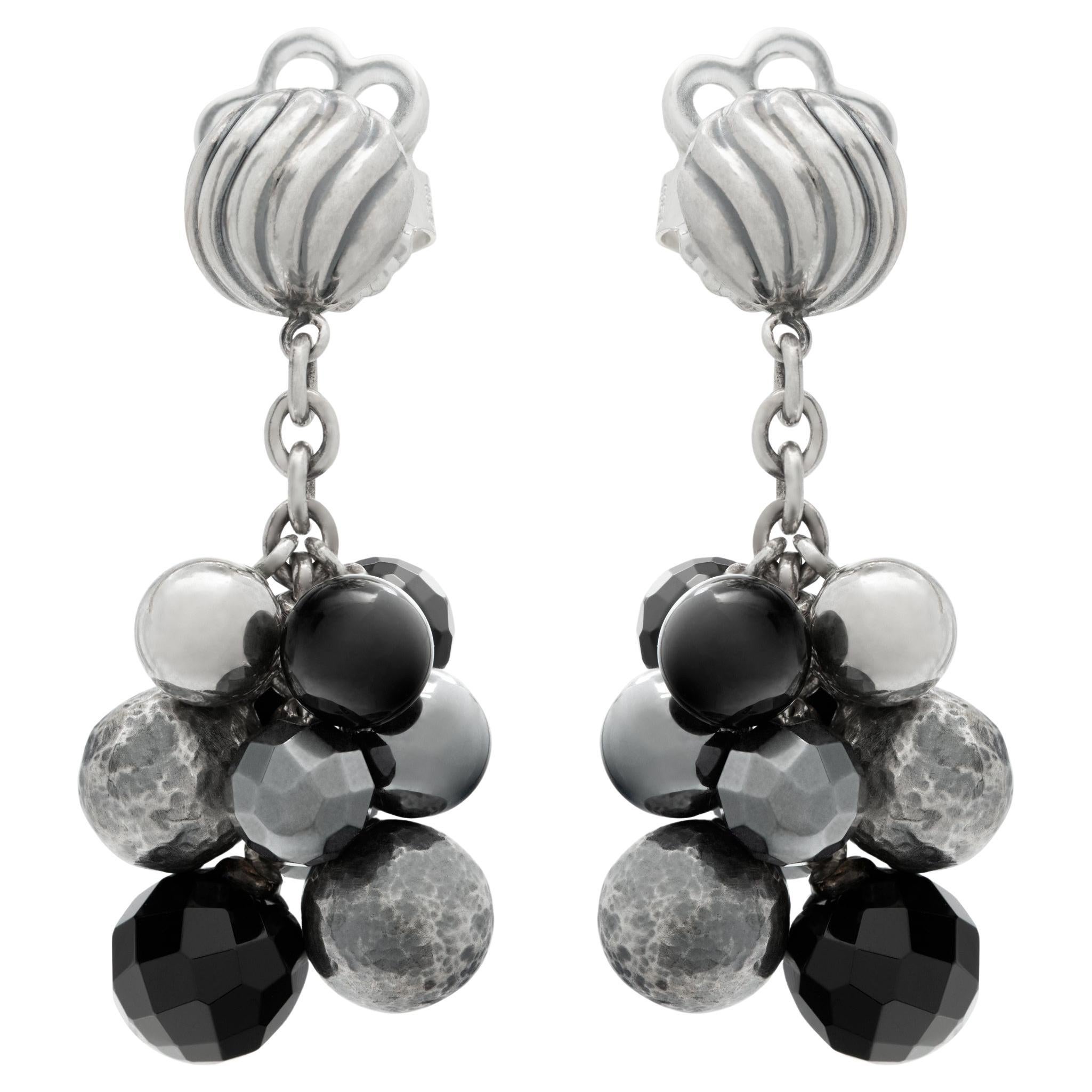 David Yurman earrings in sterling silver with sterling silver and onyx balls For Sale