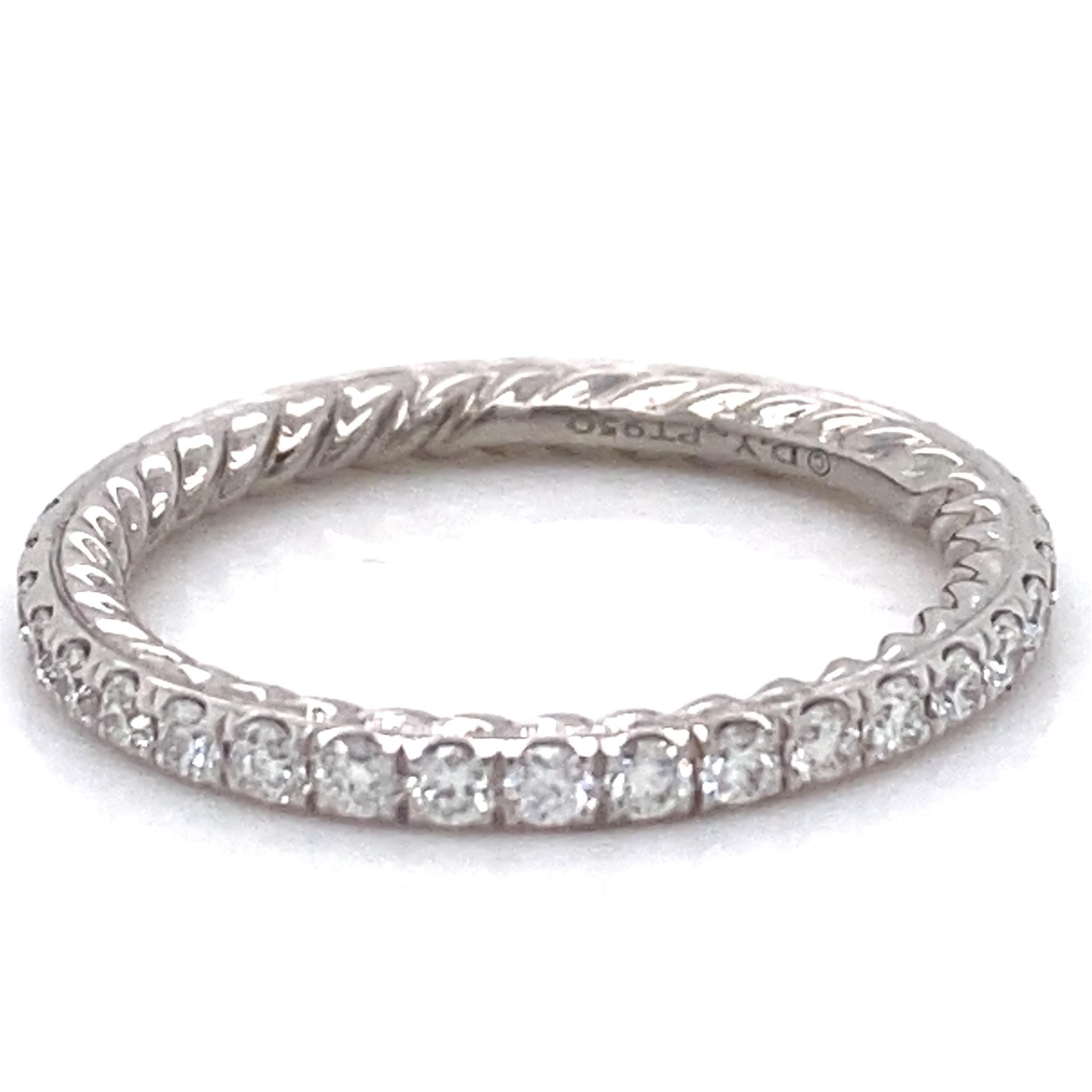 DAVID YURMAN EDEN Single Row Eternity Diamond Wedding Band 

In this streamlined band, sculptural metal and discreet Cable detailing create a sensuous effect while elegantly symbolizing the union of two lives.

Metal:  Platinum
Diamonds:  Pavé