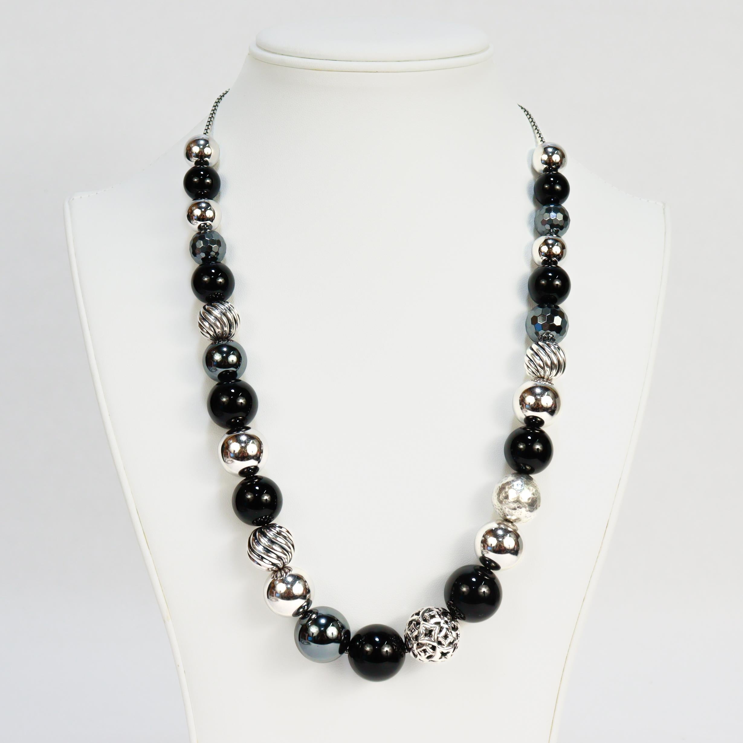 David Yurman Elements Verstellbare Silber, Onyx, & Hämatit Perlenkette für Damen oder Herren im Angebot