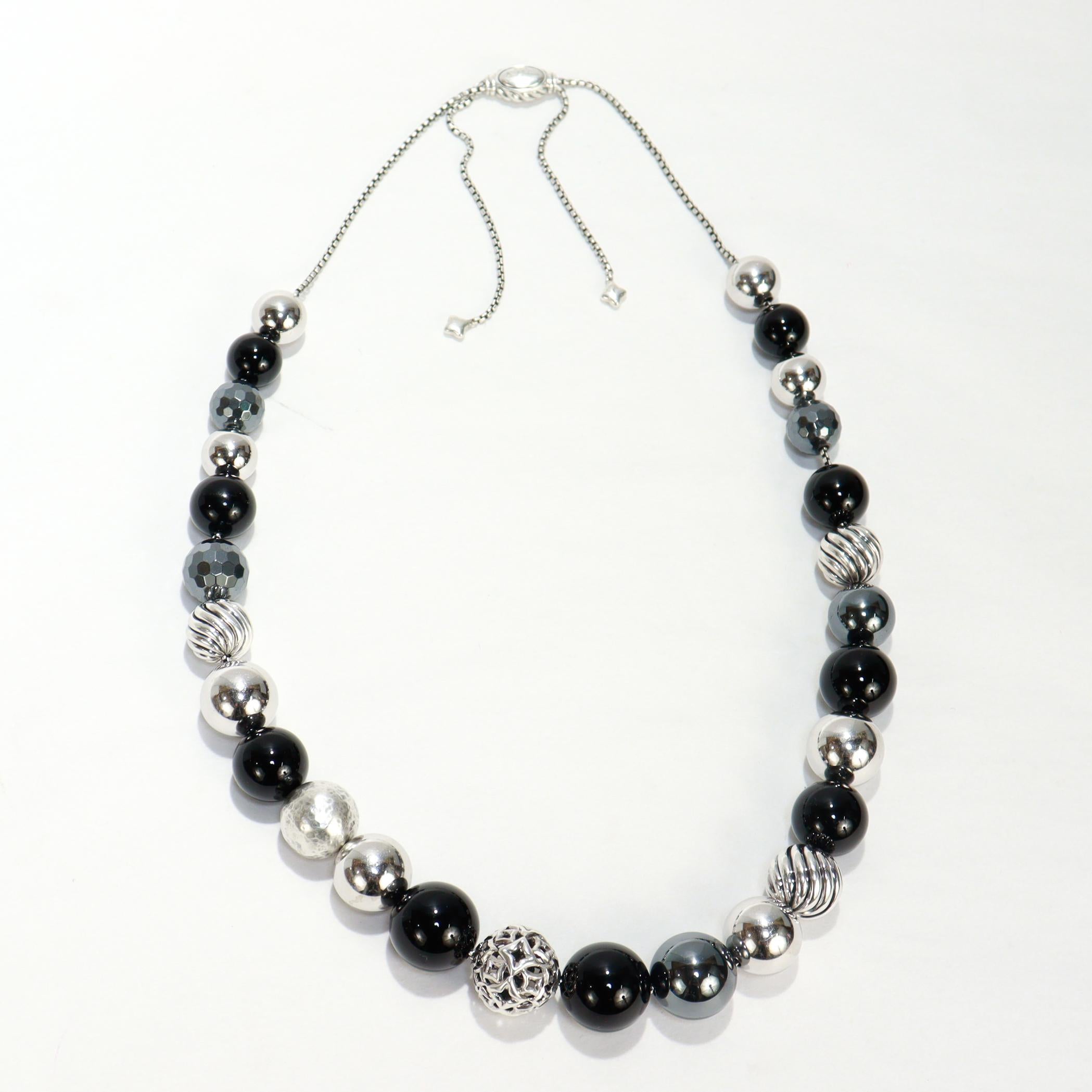 David Yurman Elements Adjustable Silver, Onyx, & Hematite Beaded Necklace