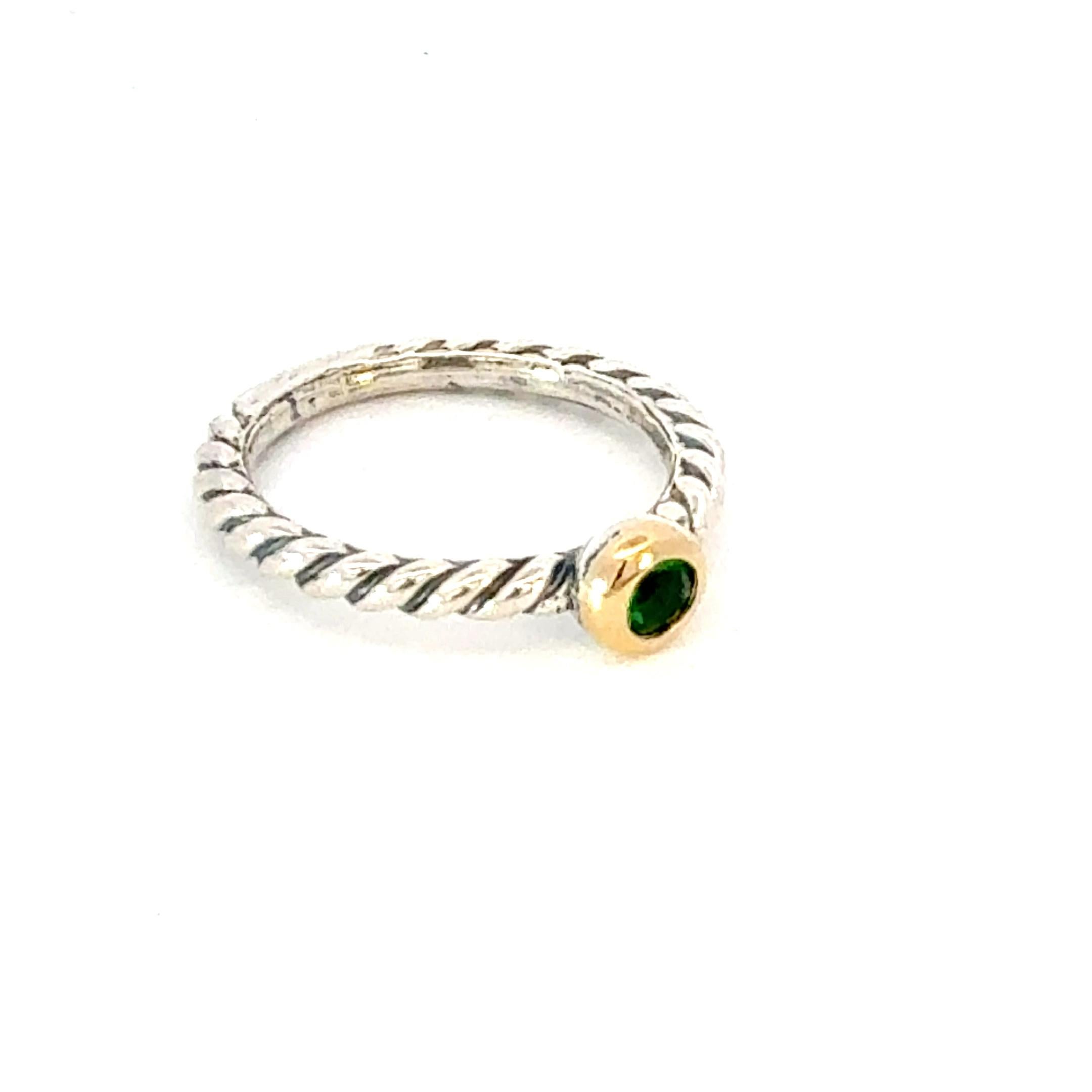 Round Cut David Yurman Emerald Ring Size 7, 18k Gold & Sterling Silver Estate For Sale