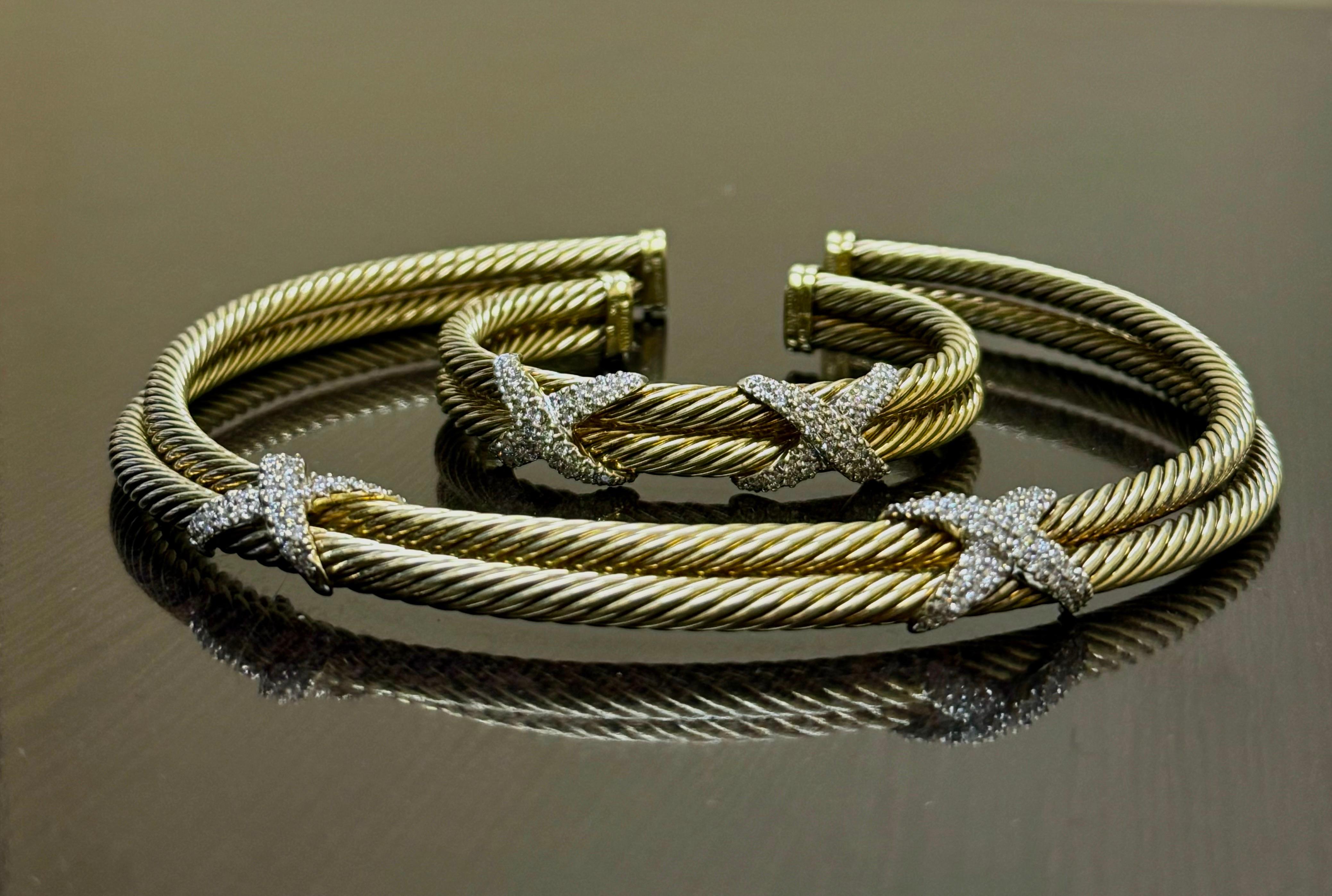 Modern David Yurman Estate 14K Gold Diamond X Collection Cable Bracelet and Necklace For Sale