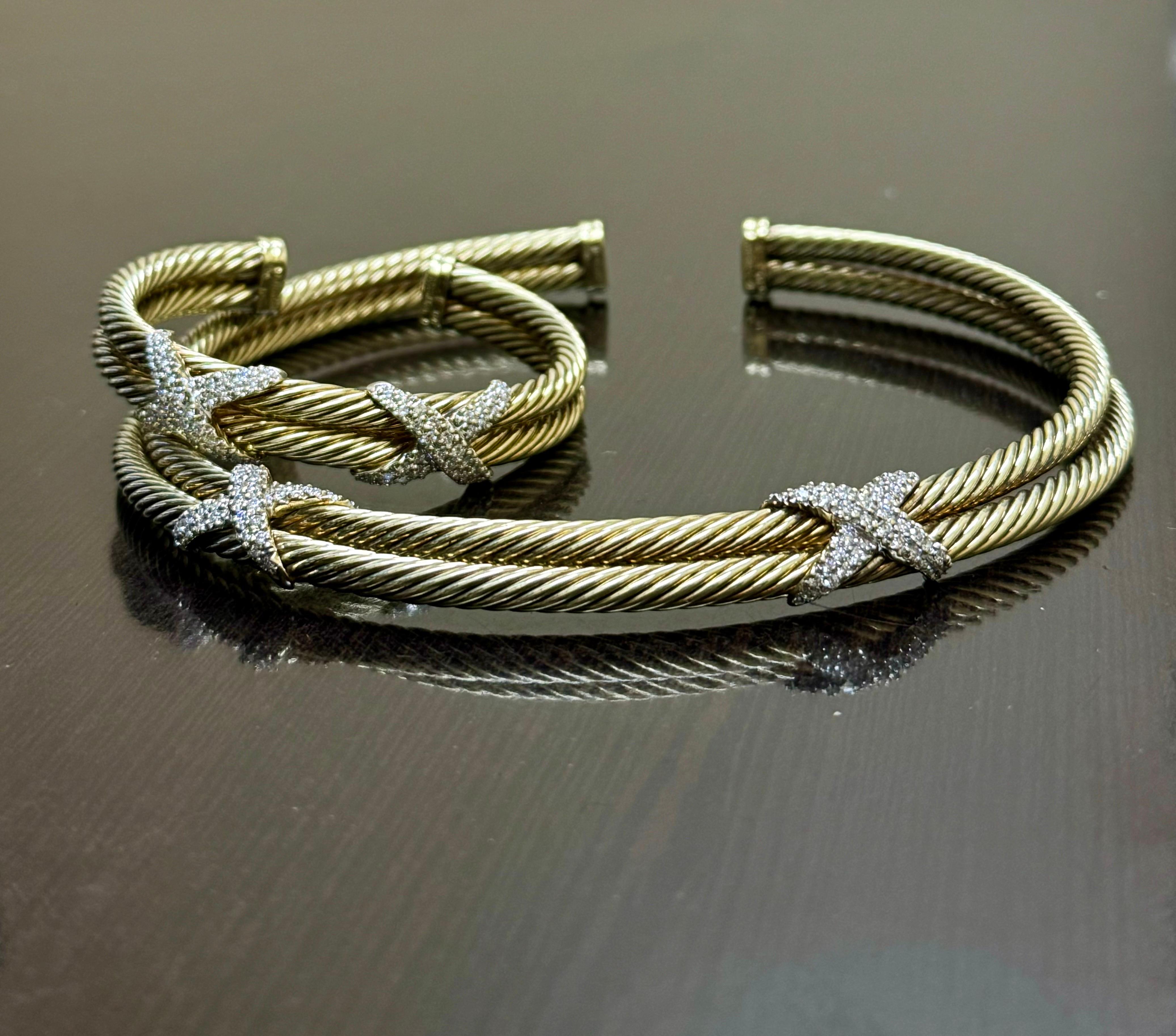 David Yurman Estate 14K Gold Diamond X Collection Cable Bracelet and Necklace In Excellent Condition For Sale In Los Angeles, CA