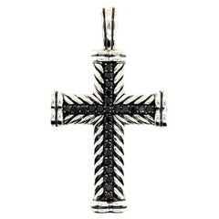 David Yurman Nachlass Schwarzer Diamant Chevron Silber Kreuz-Anhänger