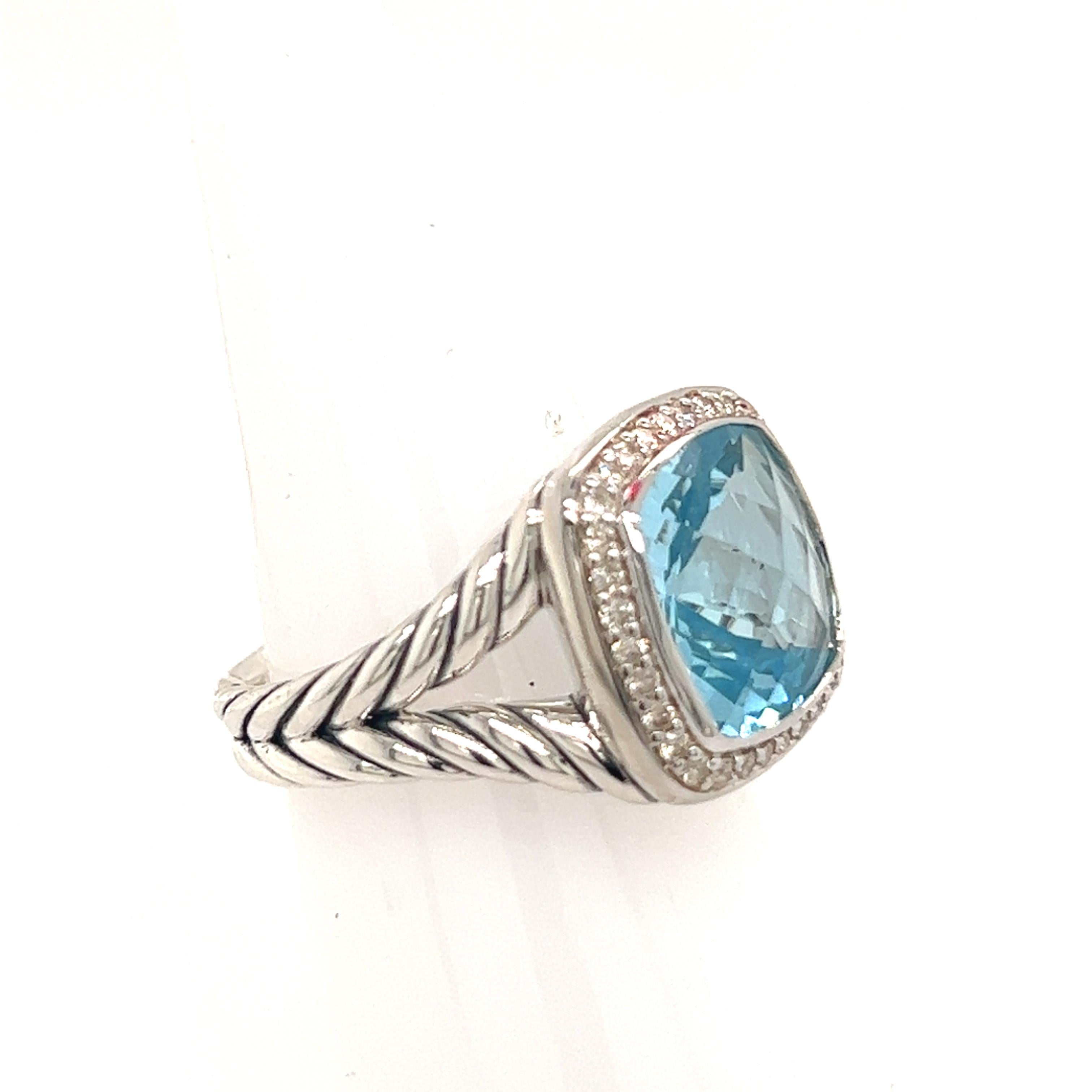 Brilliant Cut David Yurman Estate Blue Topaz Diamond Albion Ring Silver 0.22 TCW