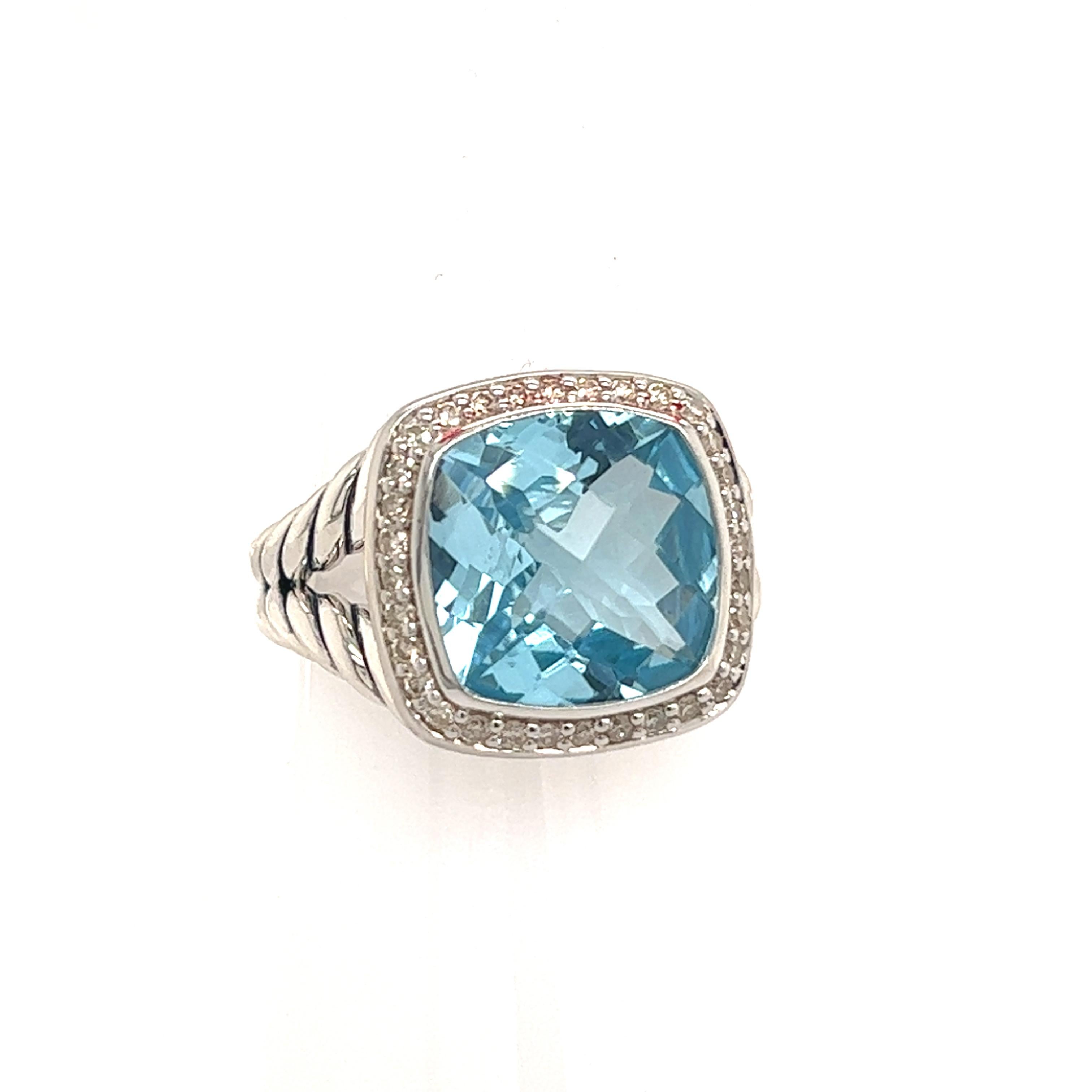 David Yurman Estate Blue Topaz Diamond Albion Ring Silver 0.22 TCW 1