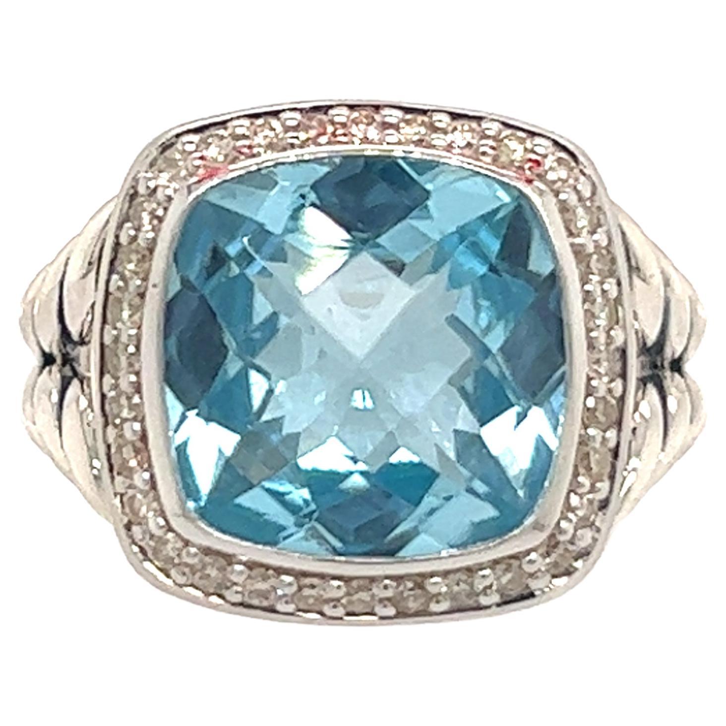 David Yurman Estate Blue Topaz Diamond Albion Ring Silver 0.22 TCW