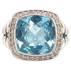 Vintage David Yurman Estate Blue Topaz Diamond Albion Ring Silver 0.22 TCW