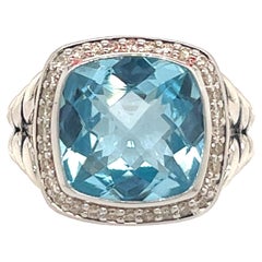 David Yurman Estate Blue Topaz Diamond Albion Ring Silver 6.28 TCW