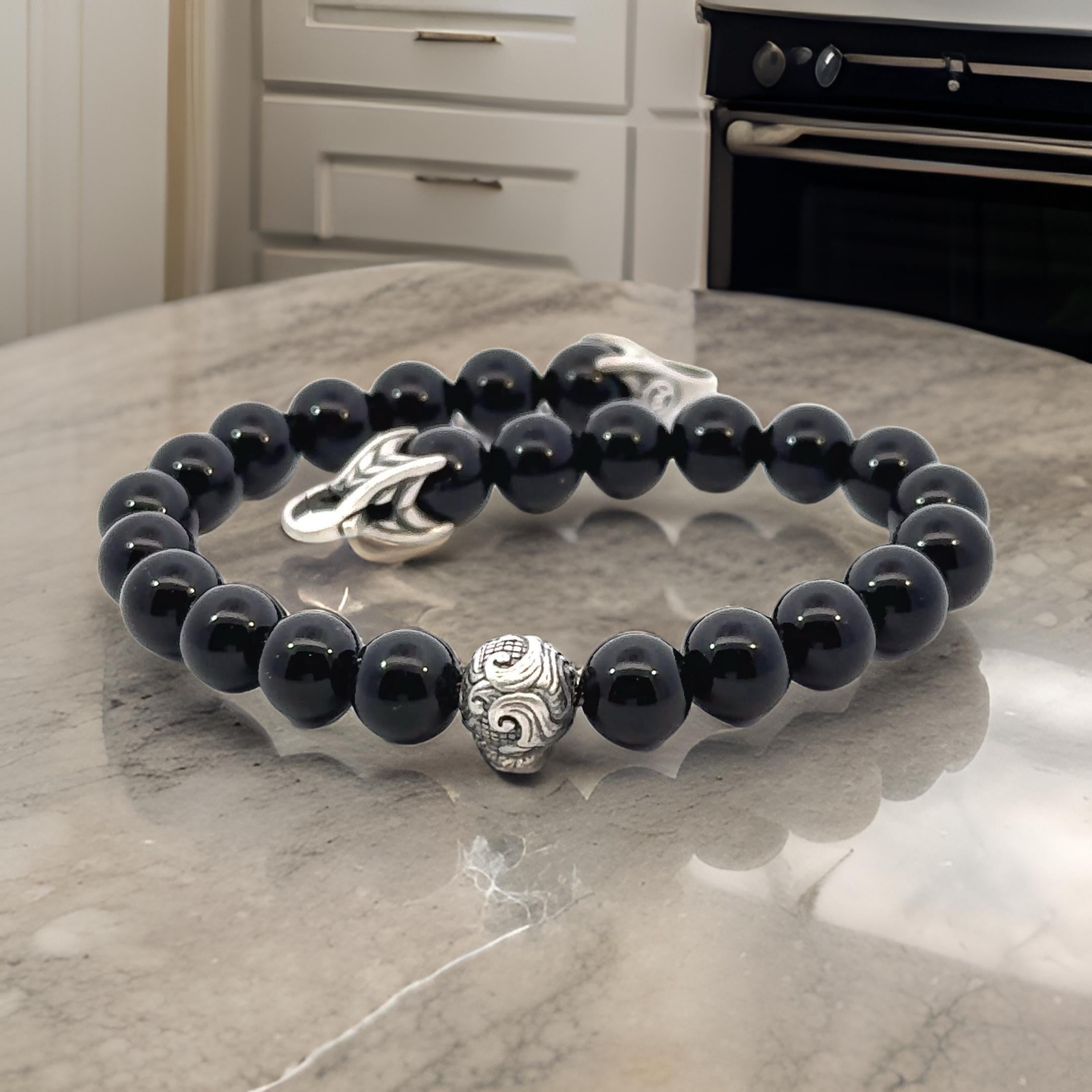 Authentic David Yurman Estate Matte Onyx Carved Prayer Beads Bracelet 8.5