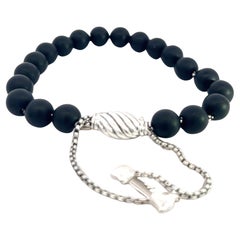 David Yurman Estate Onyx Polished Beads Bracelet 6.6 - 8.5" Silver 8 mm
